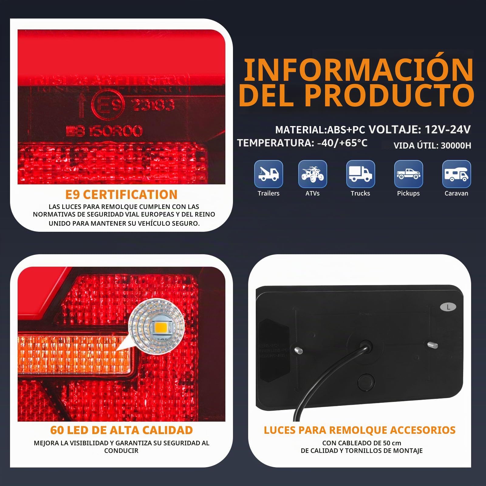 Pilotos Traseros Remolque, 12V/24V Iluminación del Remolque, 6 funciones, Montaje de Tornillos, pilotos led remolque homologados para Camión, Remolque, Caravan E9