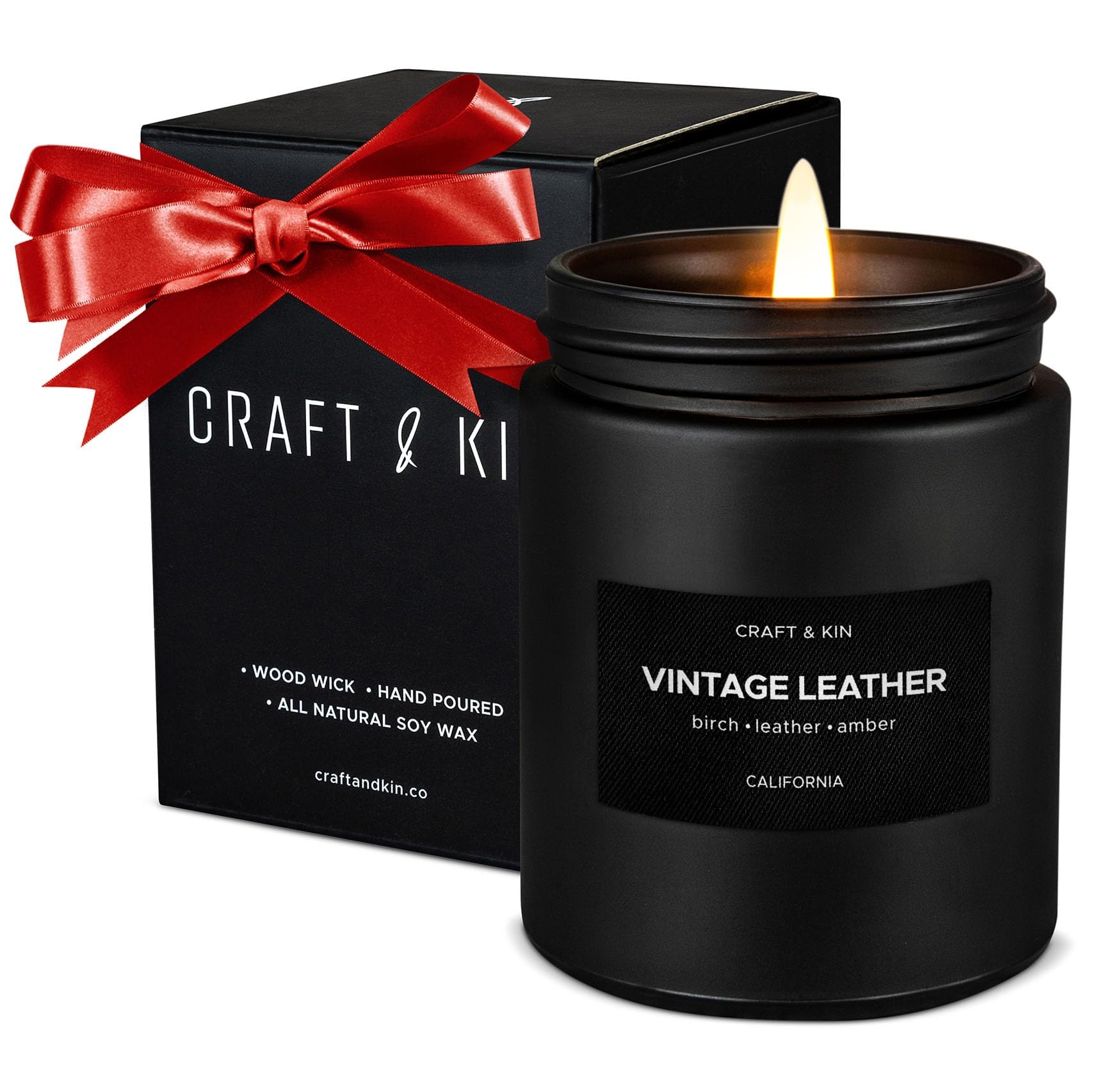 Craft & Kin Vintage Leather Scented Candle for Men | Soy Candle With Wood Wick | Long Lasting Aromatherapy in Black Jar