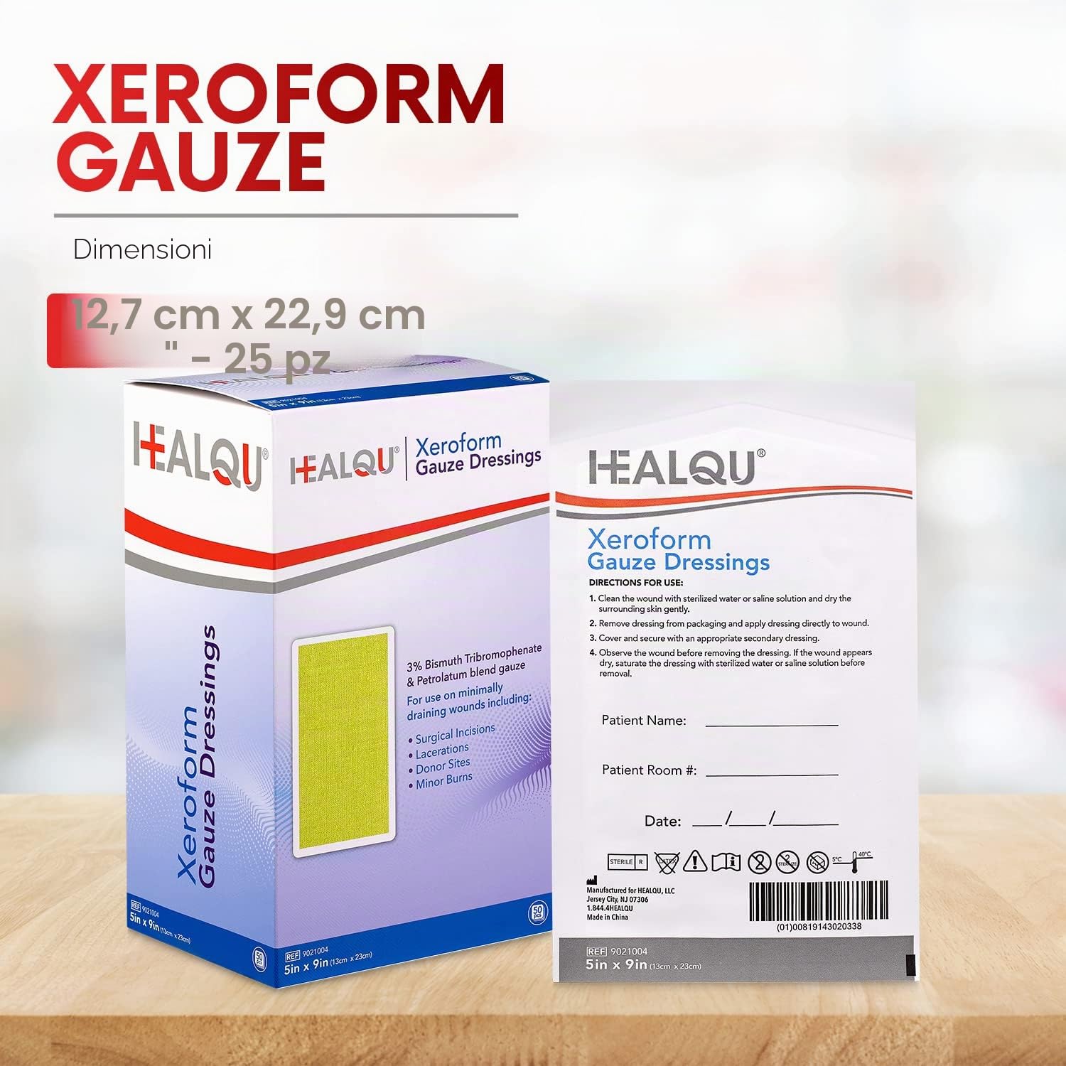 HEALQU Xeroform Medicazione Petrolatum 5x9 – Confezione da 25 garze non aderenti per ferite a bassa essudazione – Cerotto di garza a maglia fine sterile per lacerazioni, ustioni e innesti cutanei