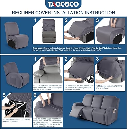 Miniatura 6 de TAOCOCO Funda para sofá reclinable, 3 piezas de tela de poliéster elástica para sofá reclinable de 3 asientos, protector de muebles suave y lavable