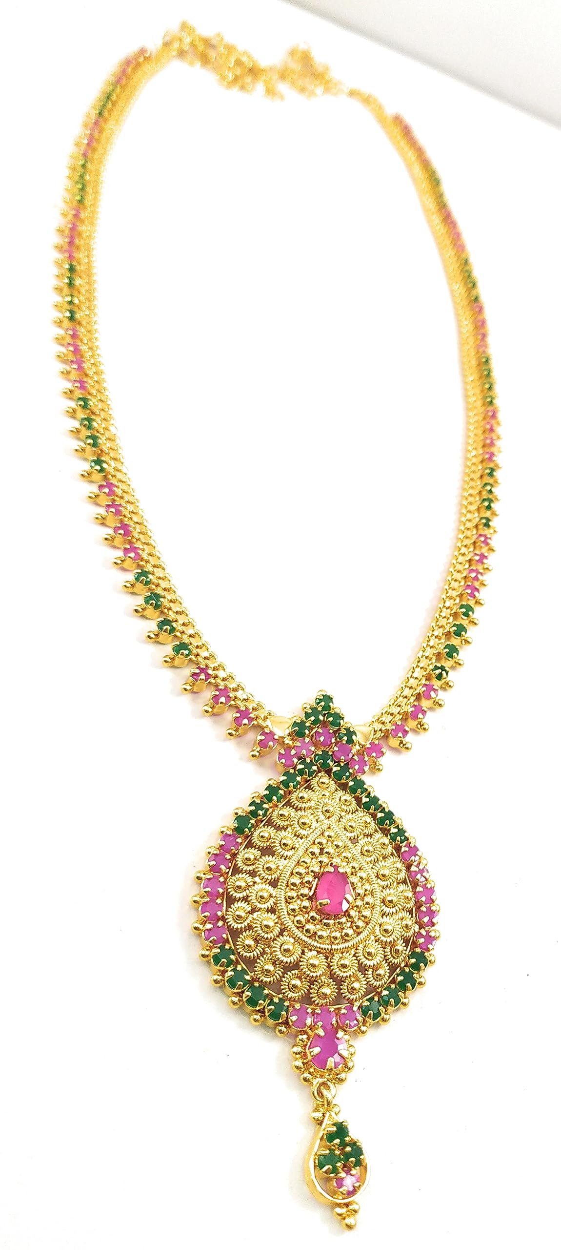 AFJ GOLD Copper Gold Plated and Ruby Long Necklace Haram Set for Women & Girls (Yellow) (B07NHY5X4G) Amazon Price History, Amazon Price Tracker