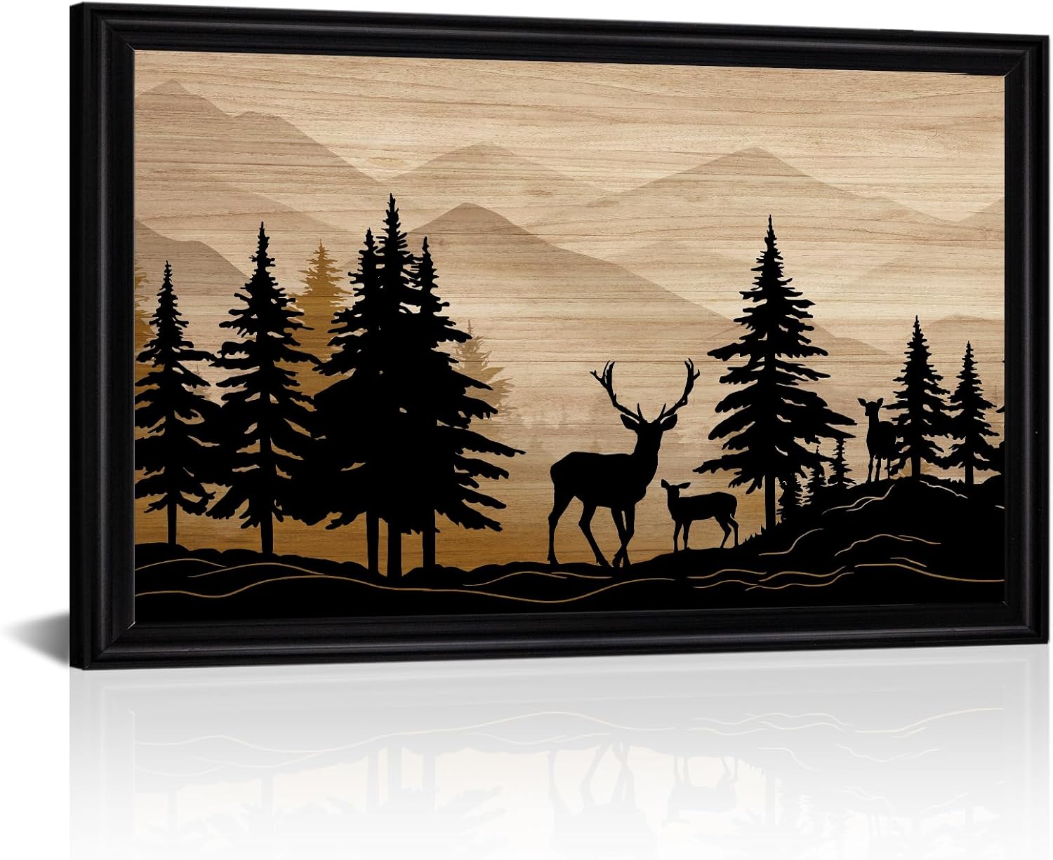 WELMECO Deer Wall Art Cabin Decor Rustic Farmhouse Living Room Decor Forest Deer Painting Framed Art Print Hunting Decor Cabin Lodge Bedroom Bathroom Decoration 16inchx24inch