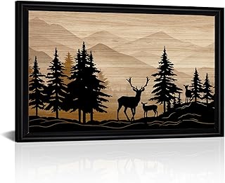 WELMECO Deer Wall Art Cabin Decor Rustic Farmhouse Living Room Decor Forest Deer Painting Framed Art Print Hunting Decor Cabin Lodge Bedroom Bathroom Decoration 16inchx24inch