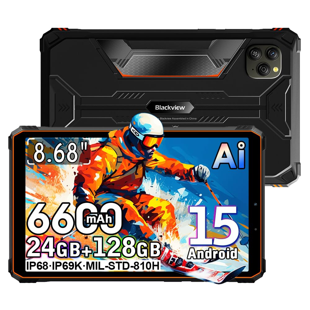 Blackview Active 5 Outdoor Tablet 8 Zoll, 24GB+128GB/2TB Tablet Android 15, 6600mAh Outdoor Handy, 16MP+13MP, 2 * 2W Lautsprecher, IP68/IP69K Wasserdicht,4G LTE,5G WiFi,OTG,NFC,GPS,Fingerprint,Orange