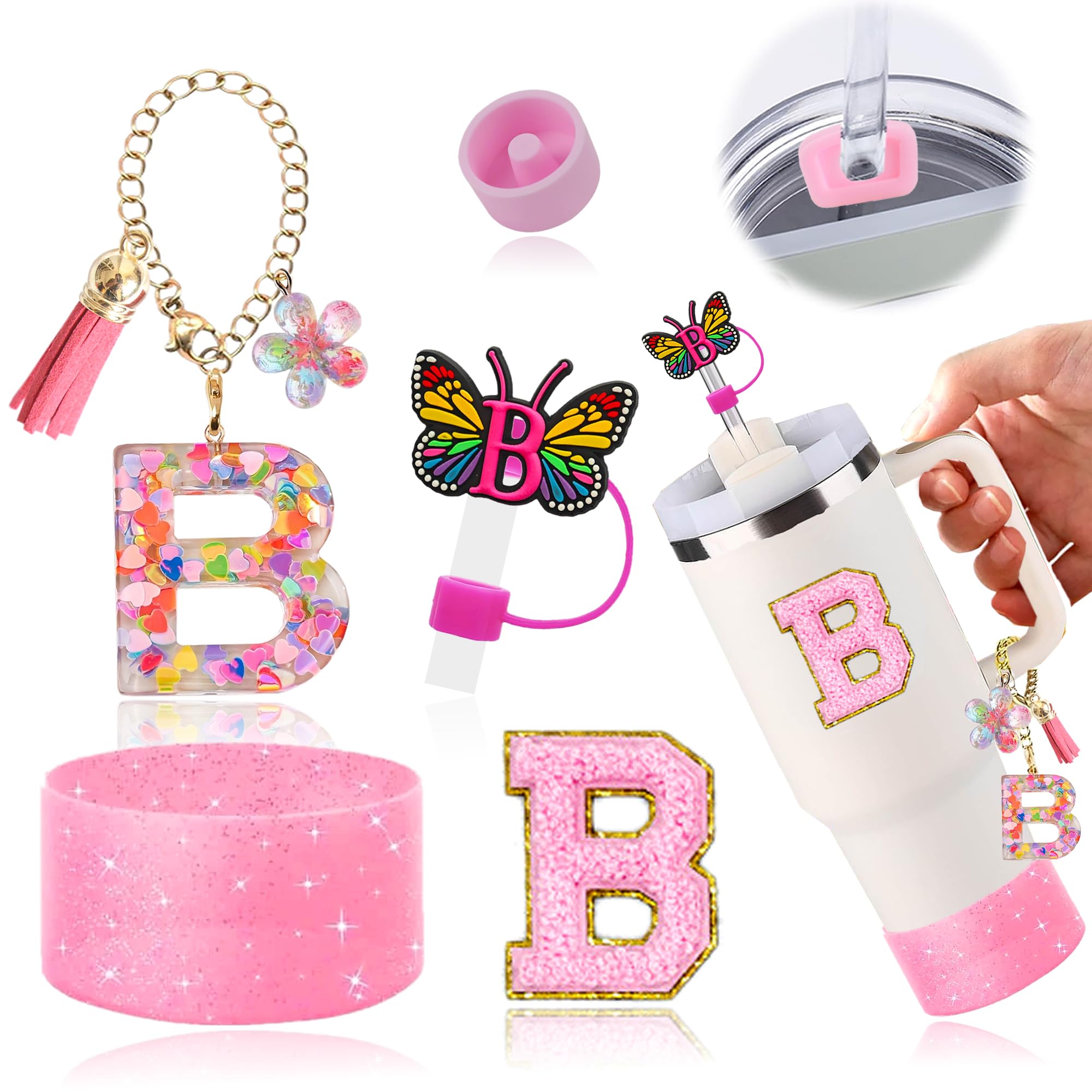 Set Di 6 Accessori Stanley Rosa: Topper Con Fiocco Glitterato, Paraurti In Silicone, Catena Farfalla E Tappi Per Cannuccia - 5