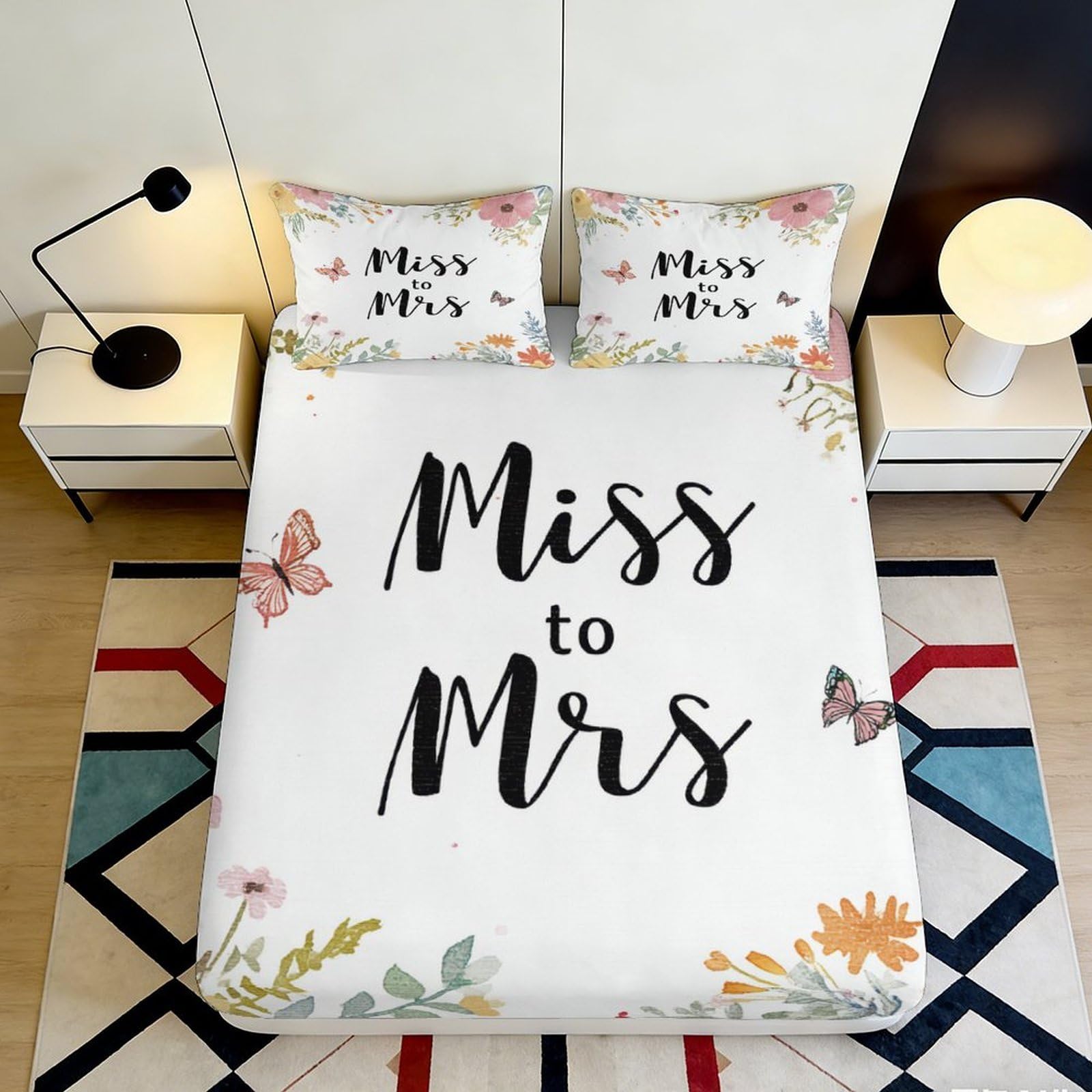 3D Printed Miss to Mrs Fitted Sheet Microfiber Floral Butterfly Bed Cover, Bedroom Decor, Machine Washable 90x200x25cm