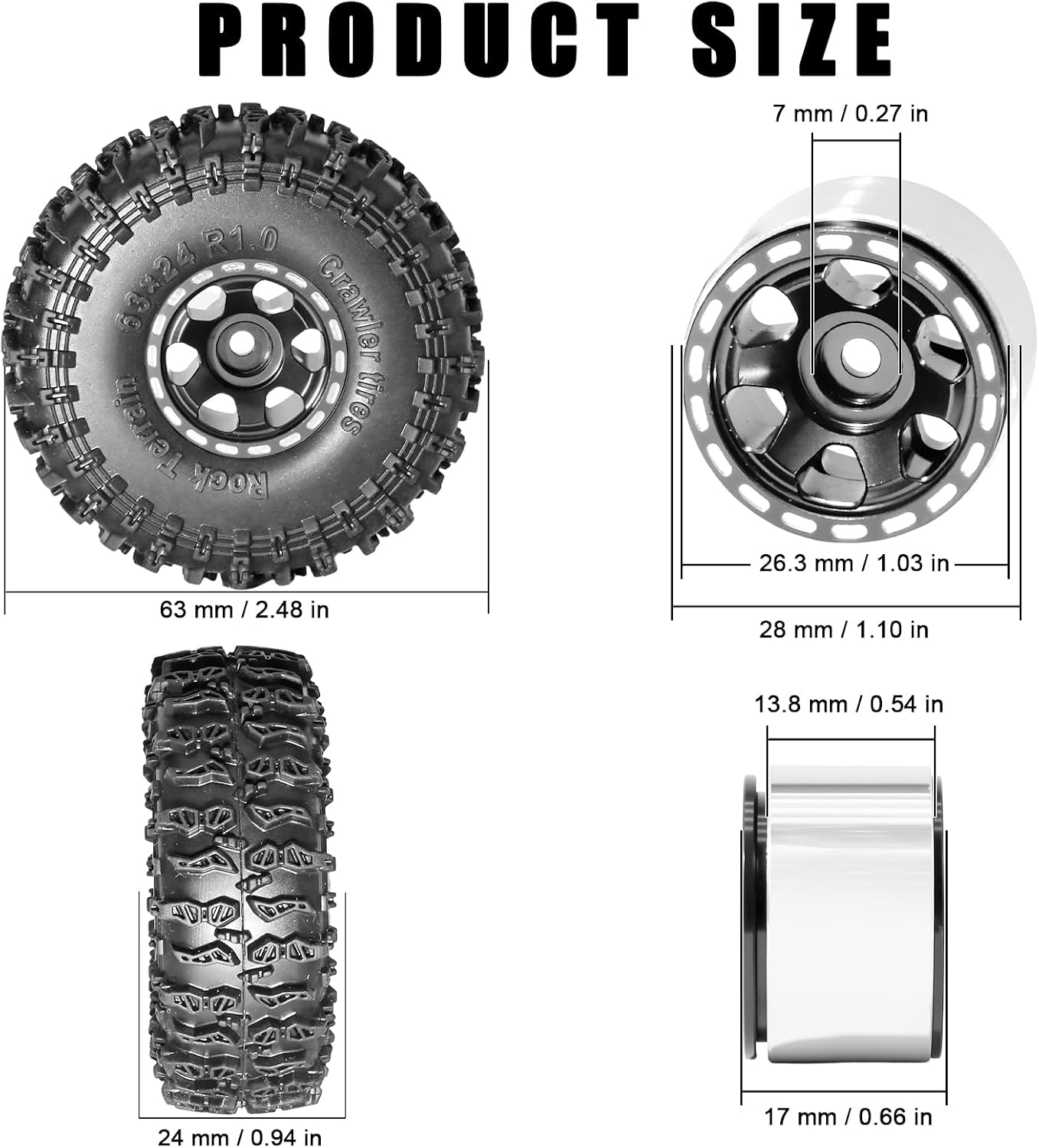 1.0 Beadlock Wheel Soft Tire Set RC Upgrade Part for Traxxas 1/18 TRX4M 1/24 RC Crawlers car Axial SCX24 FMS FCX24 Gladiator Bronco C10 JLU Deadbolt B17 Upgrade.(4Pcs/Set)