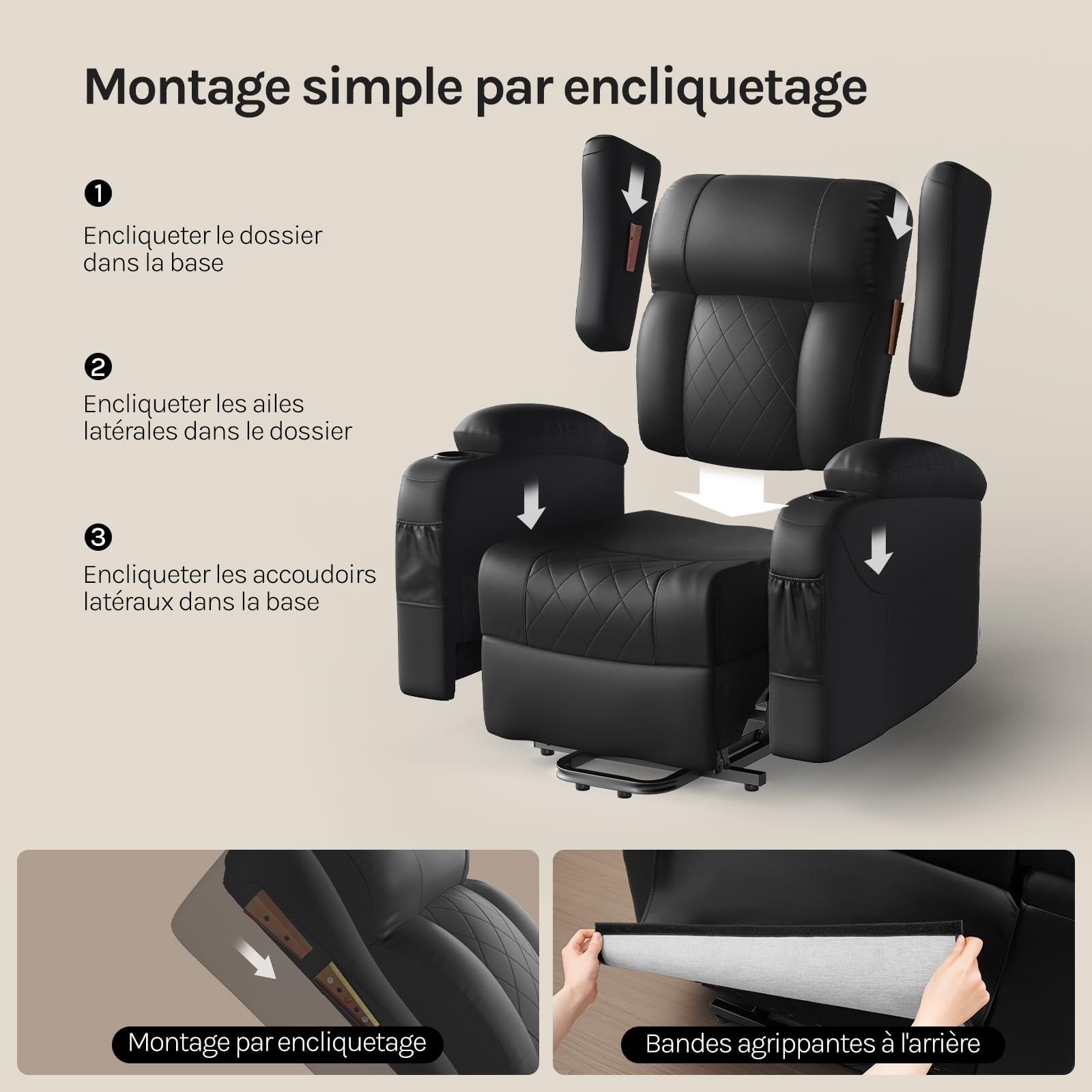 WOLTU Fauteuil Relax Électrique, Fauteuil Massant, Aide à la Verticalisation, Massage, Chauffage, Repose-Pieds, Poches, Porte-gobelet, Port USB, PU, Noir, SKS62sz