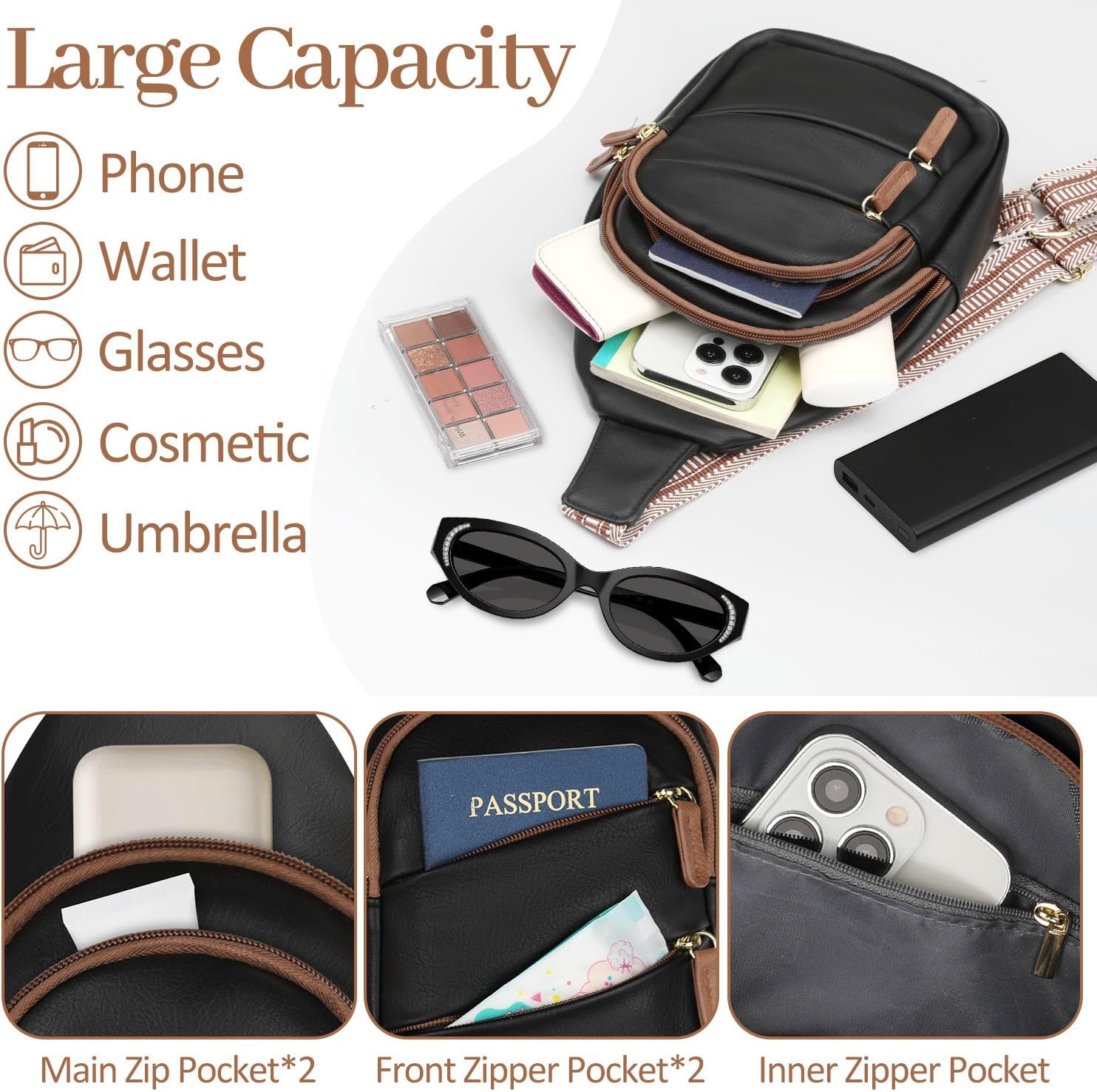 Tenot Crossbody Bags for Women Small Sling Bag Waterproof Cross Body Chest Bag Fanny Pack Travel Purse for Camping Hiking Travel Black
