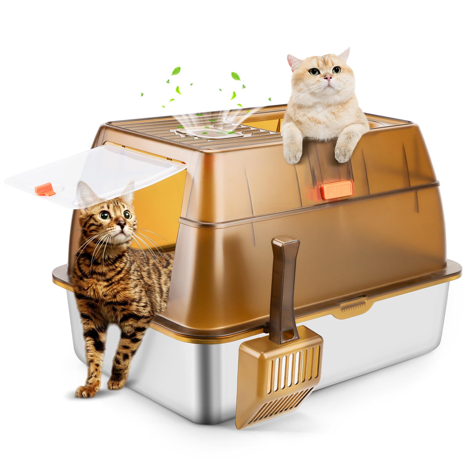 Lettiera Per Gatti Chiusa In Acciaio Inox XXL (60x40x40 Cm) - Con Coperchio Rimovibile, Doppio Ingresso E Pala