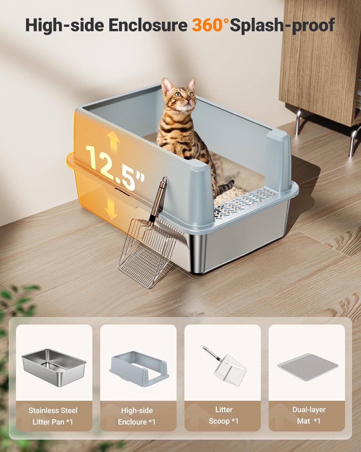 PEDIBAT XL Stainless Steel Litter Box, Large Metal Cat Litter Box with High Sided for Big Cats, Enclosed Litter Boxes with Lid, Easy-Clean Cat Litter Mat & Scoop Kit, Non Sticky, Anti-Urine Leakage - image 4