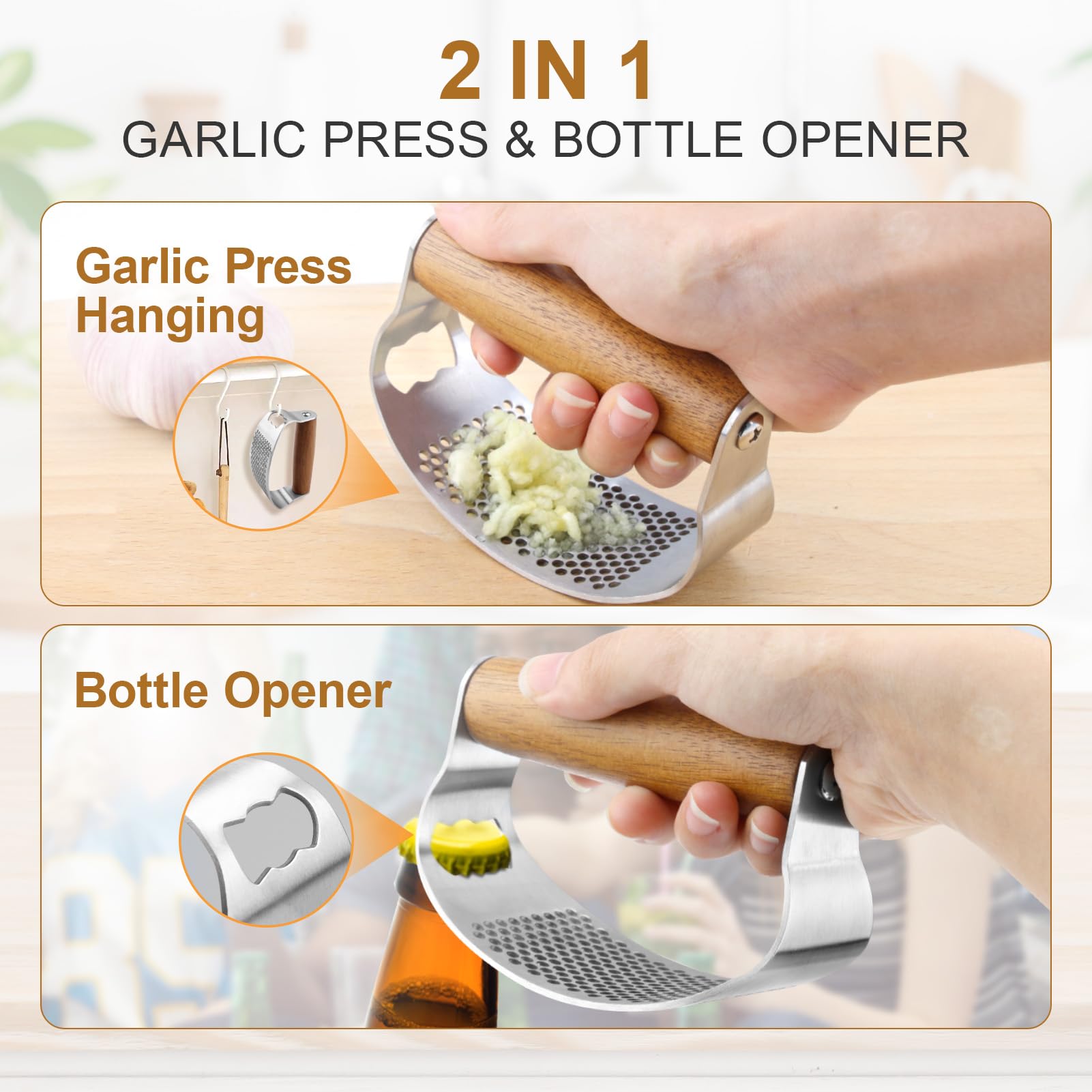 GlasFlength Garlic Crusher wyciskacz do czosnku ze stali nierdzewnej, do czosnku, łatwa do czyszczenia za pomocą małego pędzla