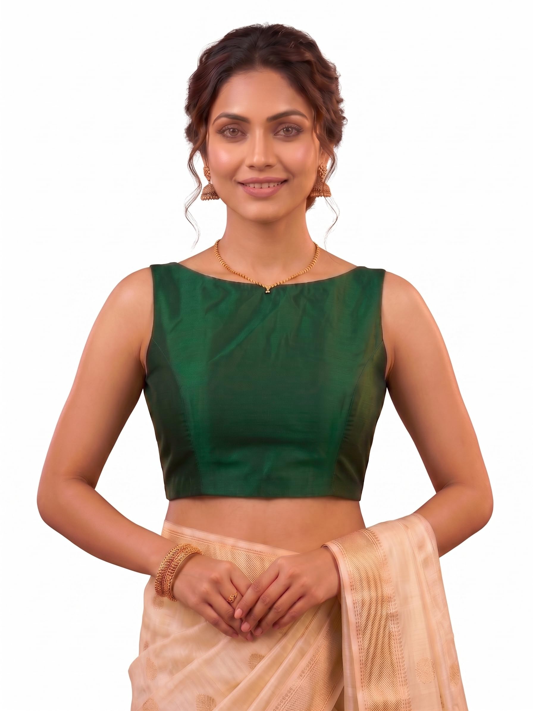 mehrang Boat Neck Taffeta Padded Sleeveless Back Hook Closure, Stylish Readymade Saree Blouse for Women-picture-7