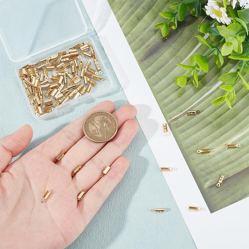 UNICRAFTALE 100pcs 2x2.5mm Golden Folding Crimp Ends Stainless Steel Crimps Ends Fold Over Cord Ends Terminators Clamp End Tips Jewelry Findings for Bracelets Leather Jewelry Making
