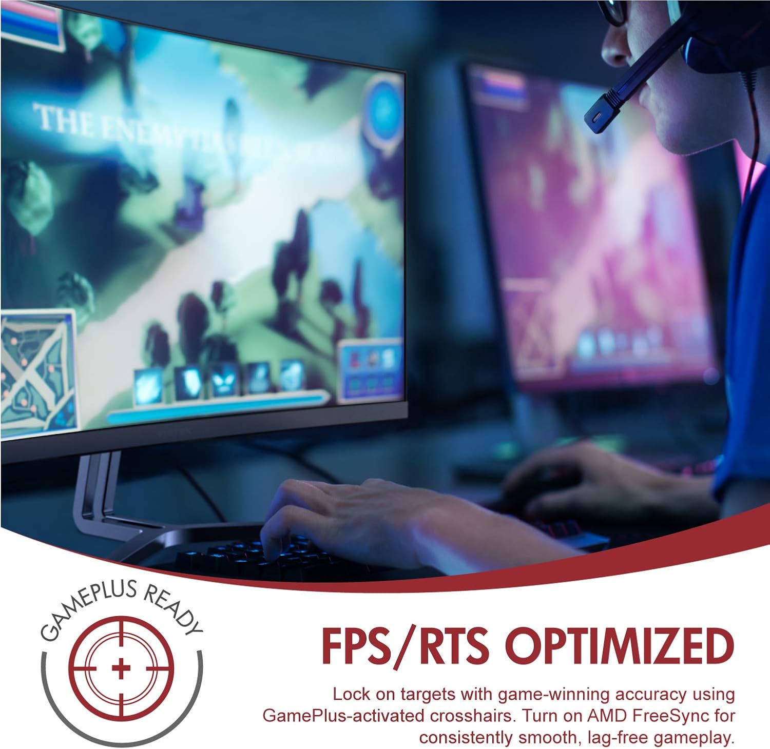 Viotek NB24CW monitor showing a gaming scene with a player using a headset, indicating FPS/RTS optimization and GamePlus features.