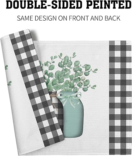Miniatura 5 de Juego de 4 manteles individuales de hojas de primavera de 12 x 18 pulgadas, diseño de hojas de eucalipto, color negro y blanco, cuadriculado, para