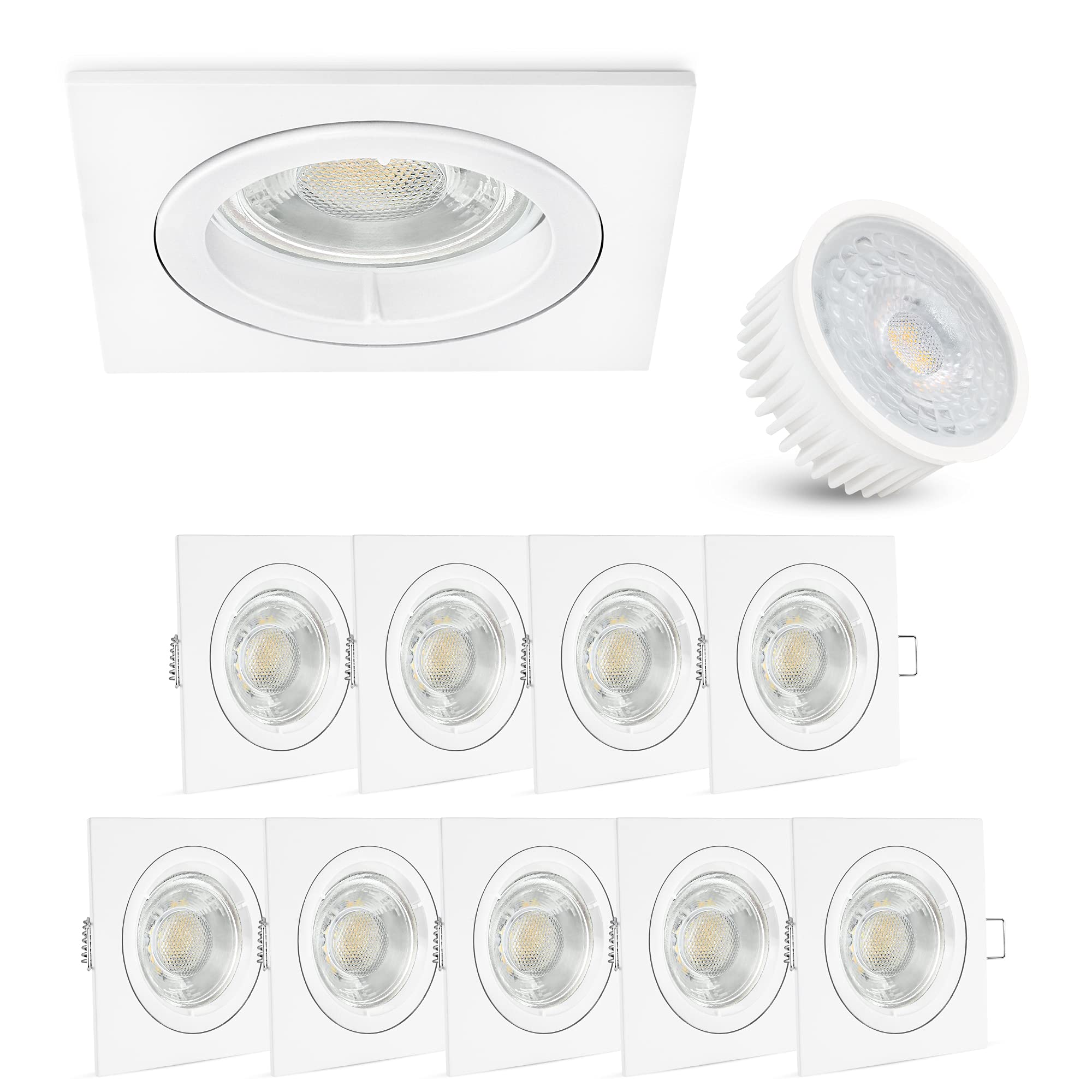 linovum 10er Set LED Einbauleuchten flach (36mm) eckig matt-weiß - Einbaustrahler Set mit LED Modul wechselbar 4W warmweiß