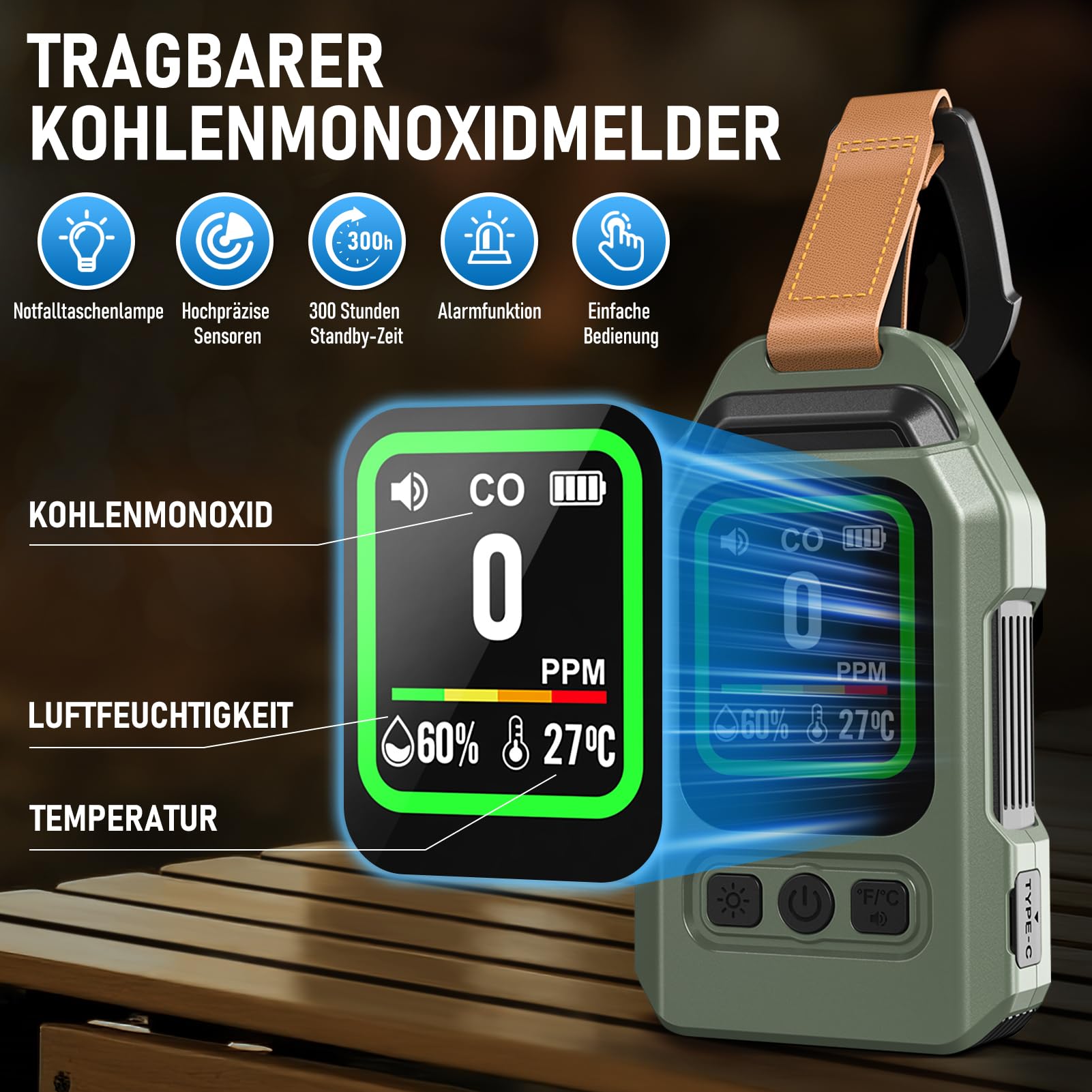 Tragbarer CO Melder für Reisen, Mini Kohlenmonoxid Detektor, 300 Stunden Akkulaufzeit, Thermometer Hygrometer, Warnfunktion, Notfalllampe, für Camping, Auto, drinnen und draußen