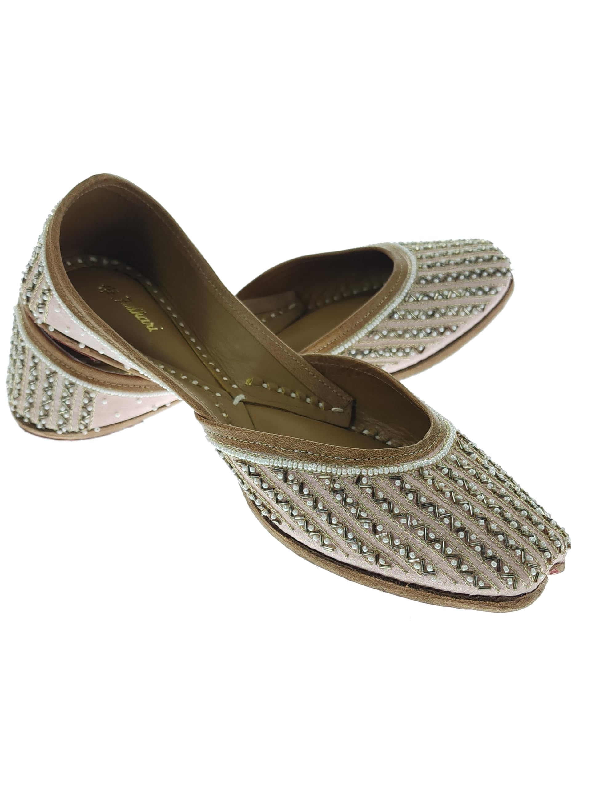 Women Zigzag Peach Gold Genuine Soft Leather Embroidered Jutis | Bite and Pinch Free Jutti | Punjabi Formal Juttis | Girl's Wedding Flat Ladies Mojari | Formal Ethnic Juti |-image-49