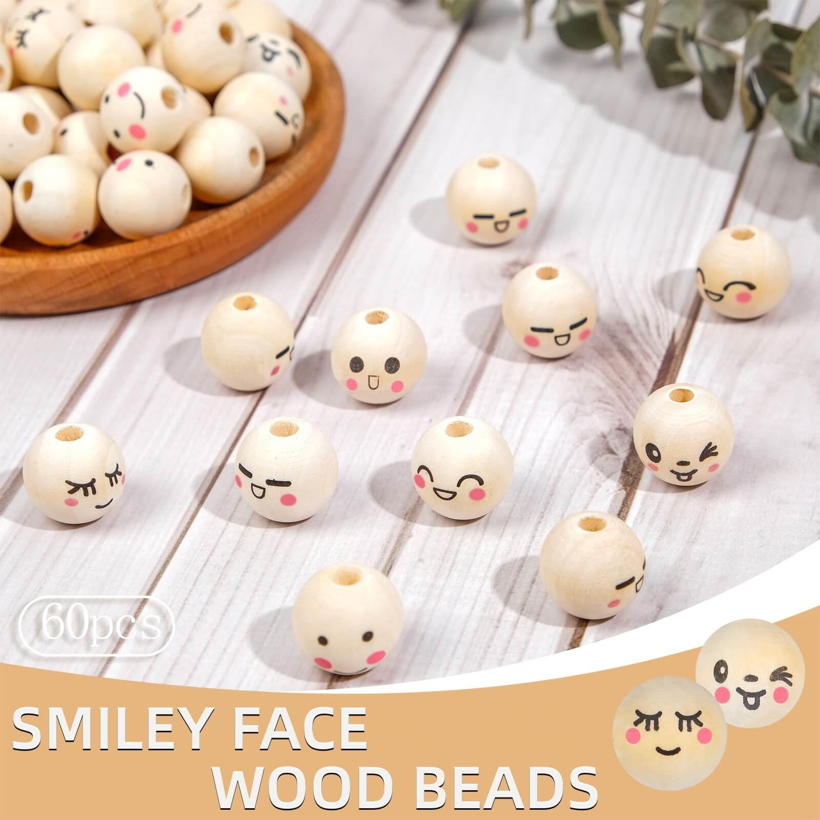 Lot de 60 perles rondes en bois naturel avec visage - 20 mm - Avec enfile- perles - Corde en jute - Sourire - Visage - Perle en bois - Ange pour bricolage Lot de 60 perles rondes en bois naturel avec visage - 20 mm - Avec enfile- perles - Corde en jute - Sourire - Visage - Perle en bois - Ange pour bricolage
