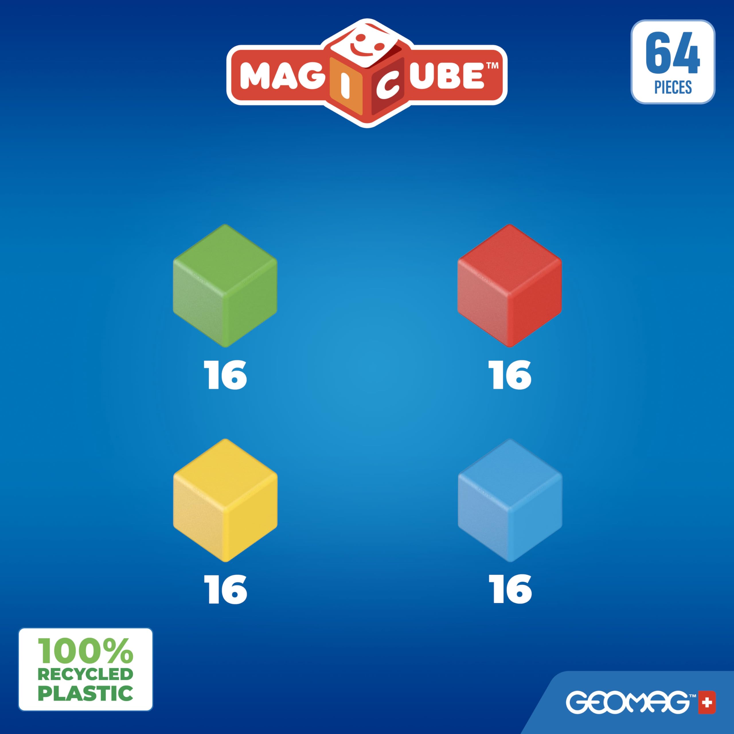 Geomag - Magicube 1+ Full Color - Magnetische Würfel für Kinder - 4 Farben - 16 Blöcke - 100% recyceltes Plastik