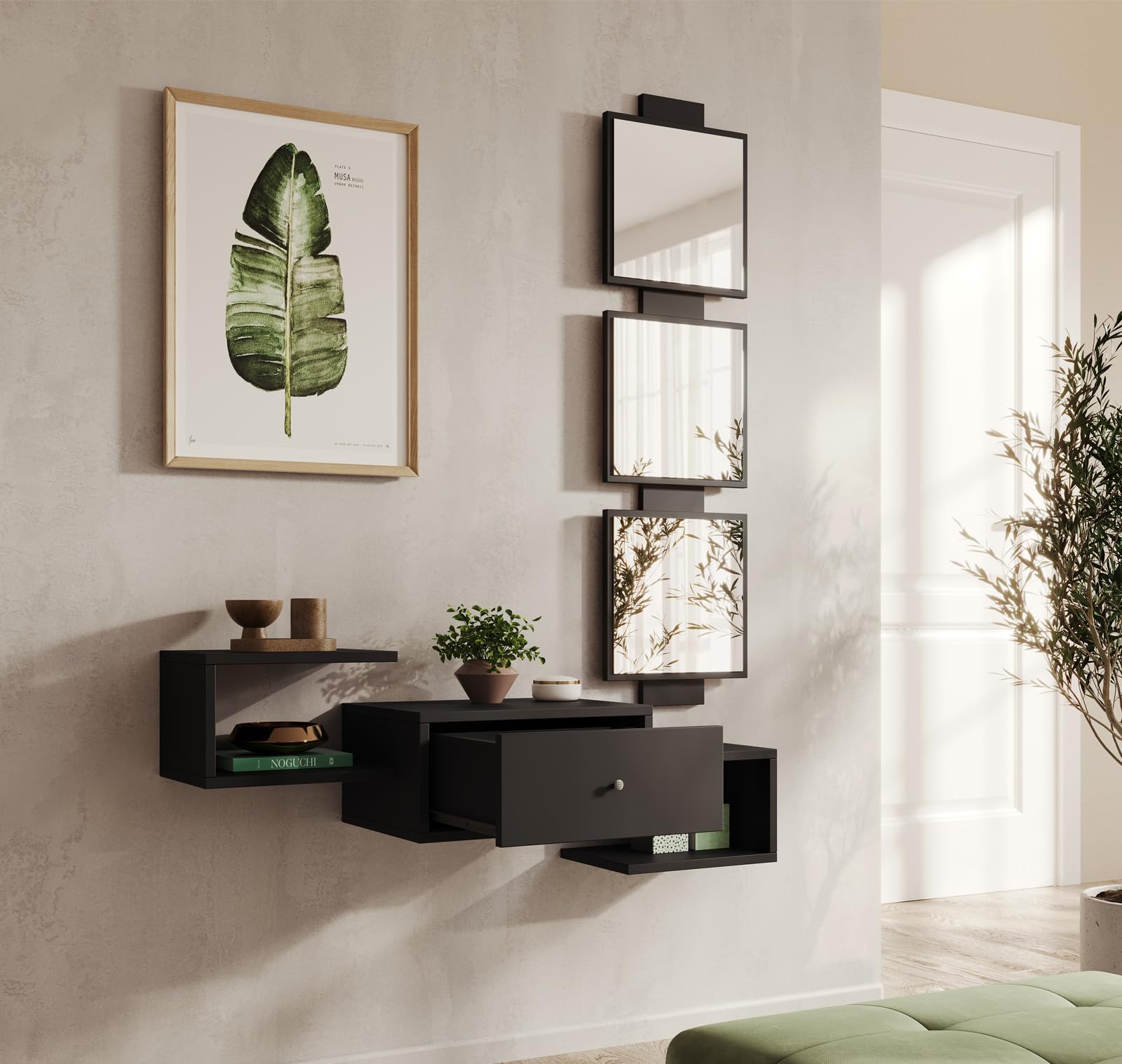 MB Muebles Bonitos, Meuble d’Entrée Mural Neo avec Miroir et Tiroir, Design Moderne Suspendu, Mélamine Mate, Couleur Noir, 99.5x145x29.5 cm