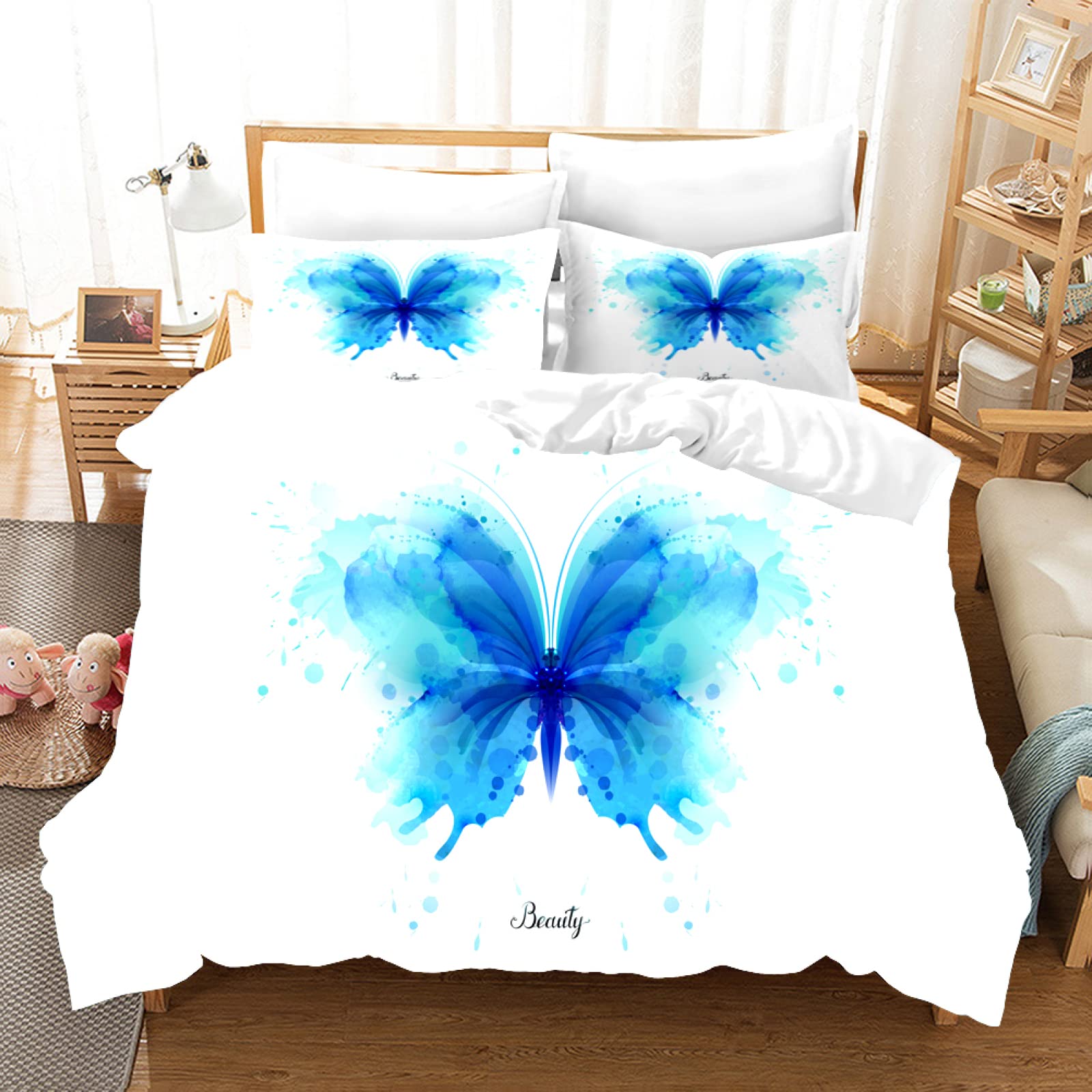 Housse de couette papillon 90x190 pour lit enfant, parure blanche de chambre ado