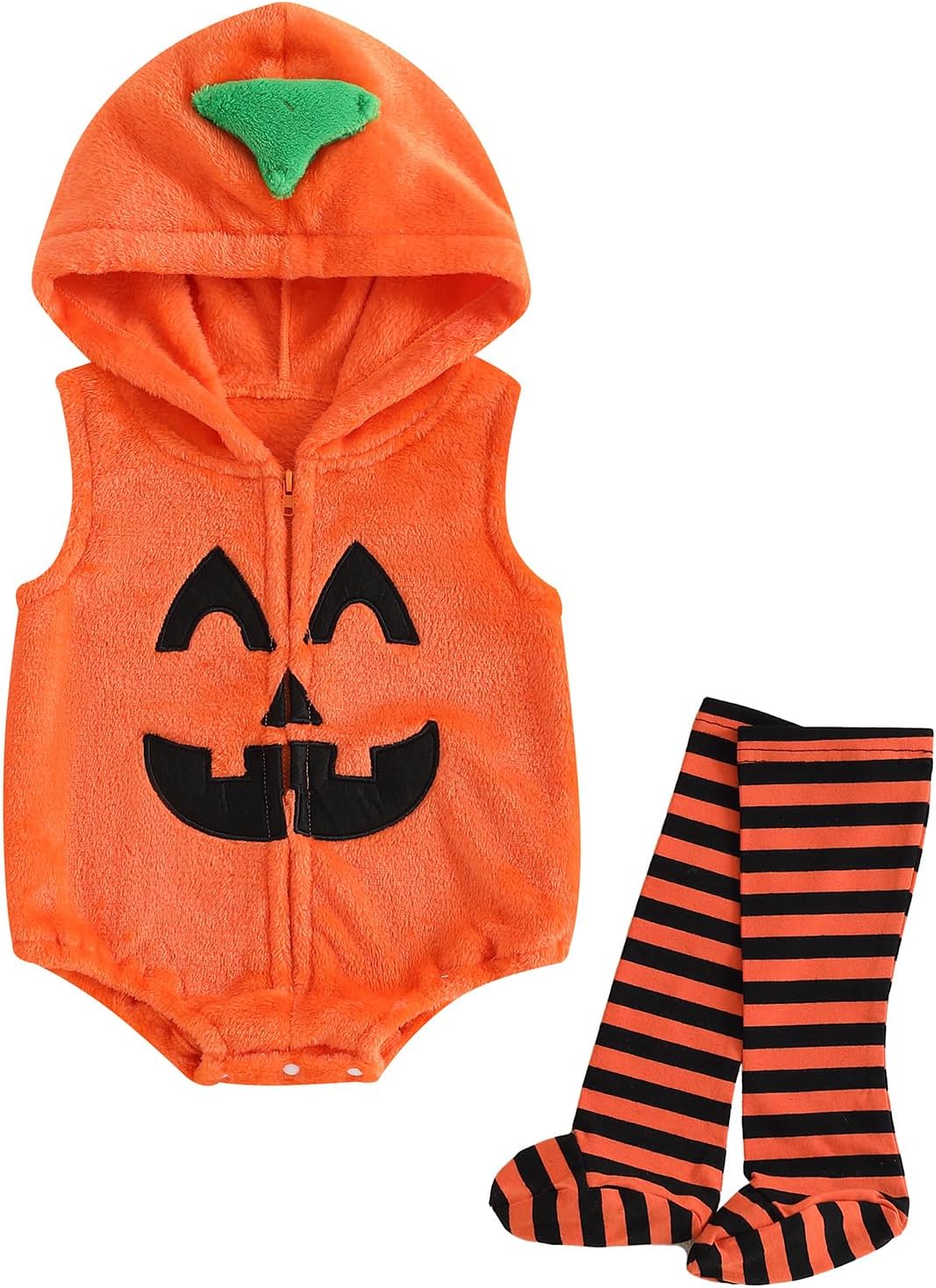 Newborn Baby Halloween Costume Boy Girl Pumpkin Face Sleeveless Hooded Romper Jumpsuit with Leg Warmers