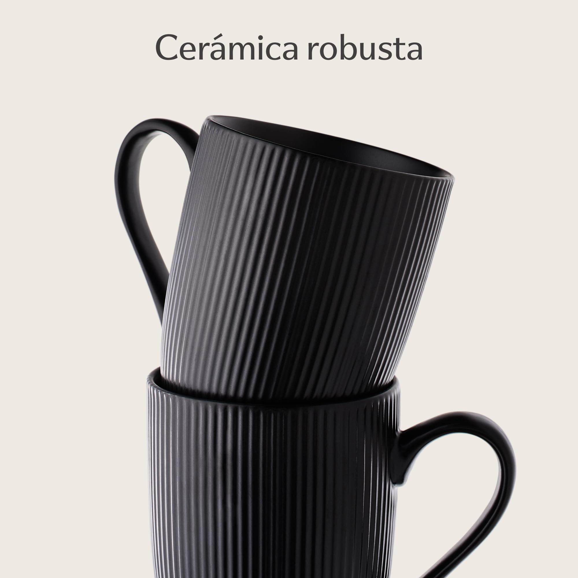 Cosumy Tazas para Cafe con Leche Grande - Juego de 6 Tazas para Café, Té y Capuccino en Color Negro - Diseño Único - Cerámica Mate - Aptas para Microondas & Lavavajillas