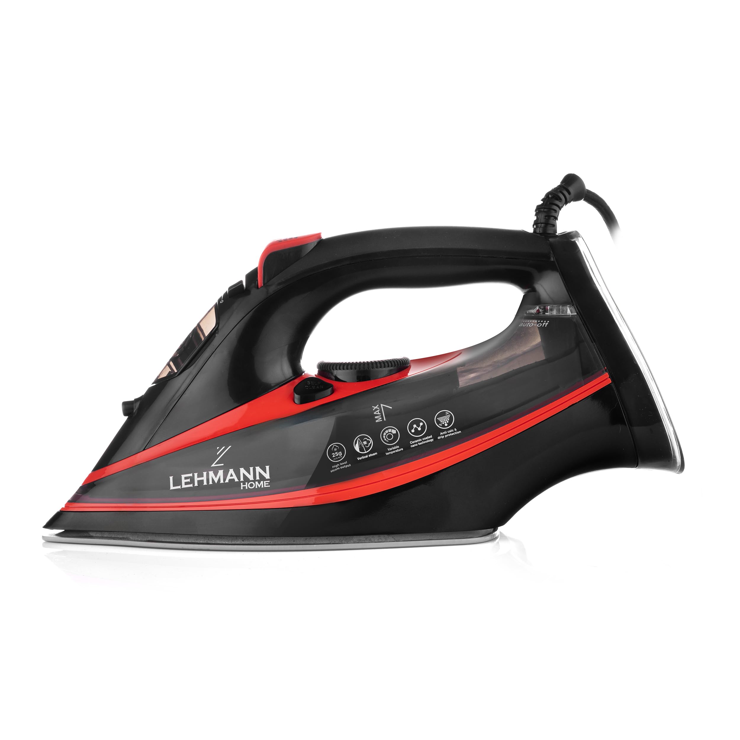 Żelazko parowe, ceramiczna, 3000 W Lehmann, funkcja Calc-Clean, 9 w 1, wysoka wydajność pary, niewielka waga, uderzenia pary, ceramiczne podeszwy do prasowania, samoczyszczenie i rozpylacz
