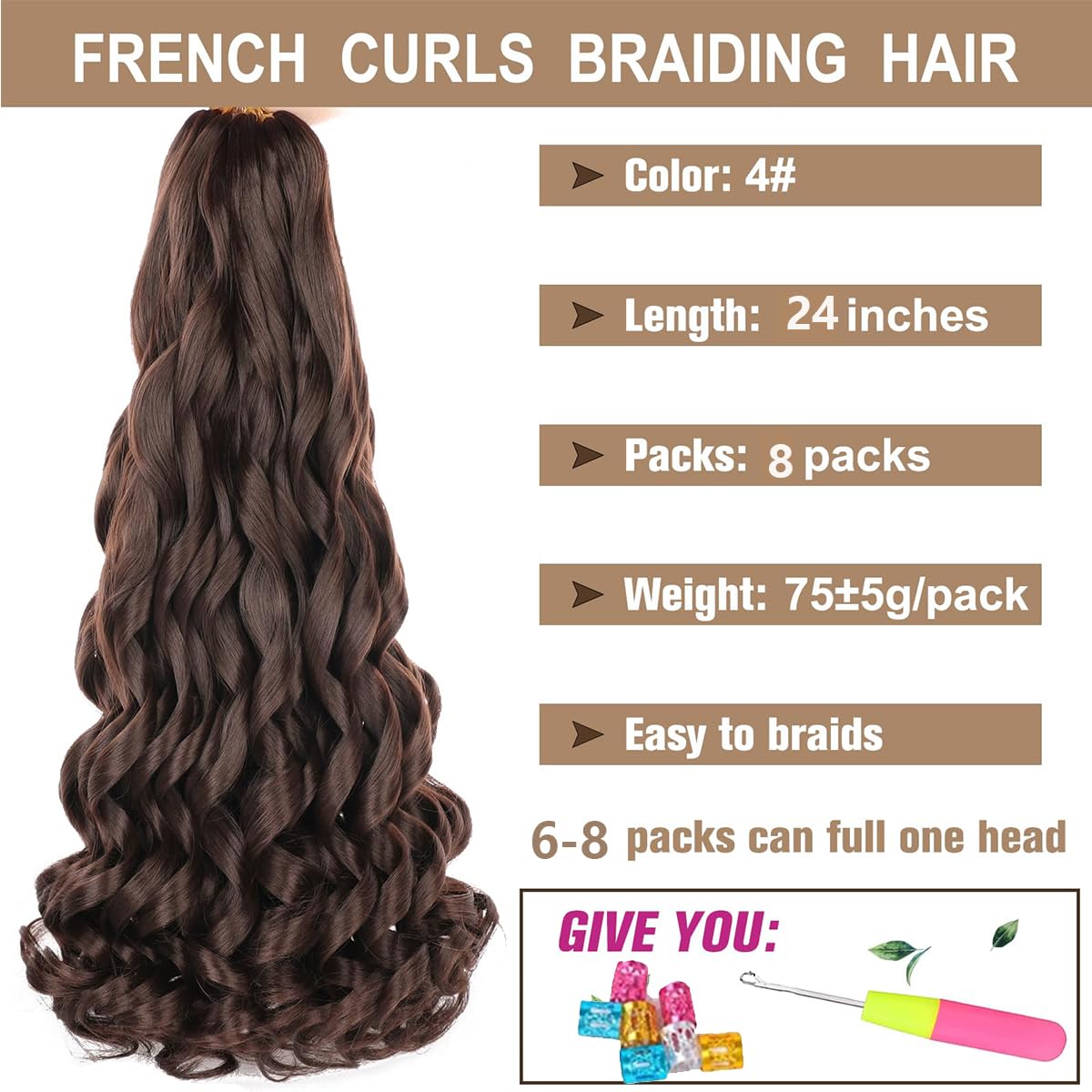 WoWCFyyds 8 Packs French Curl Braiding Hair 24 Inch Loose Wave Spiral curly braiding hair extensions 75g/Pack Soft French Curls Synthetic Hair Extensions for Braiding(4#) - Image 2