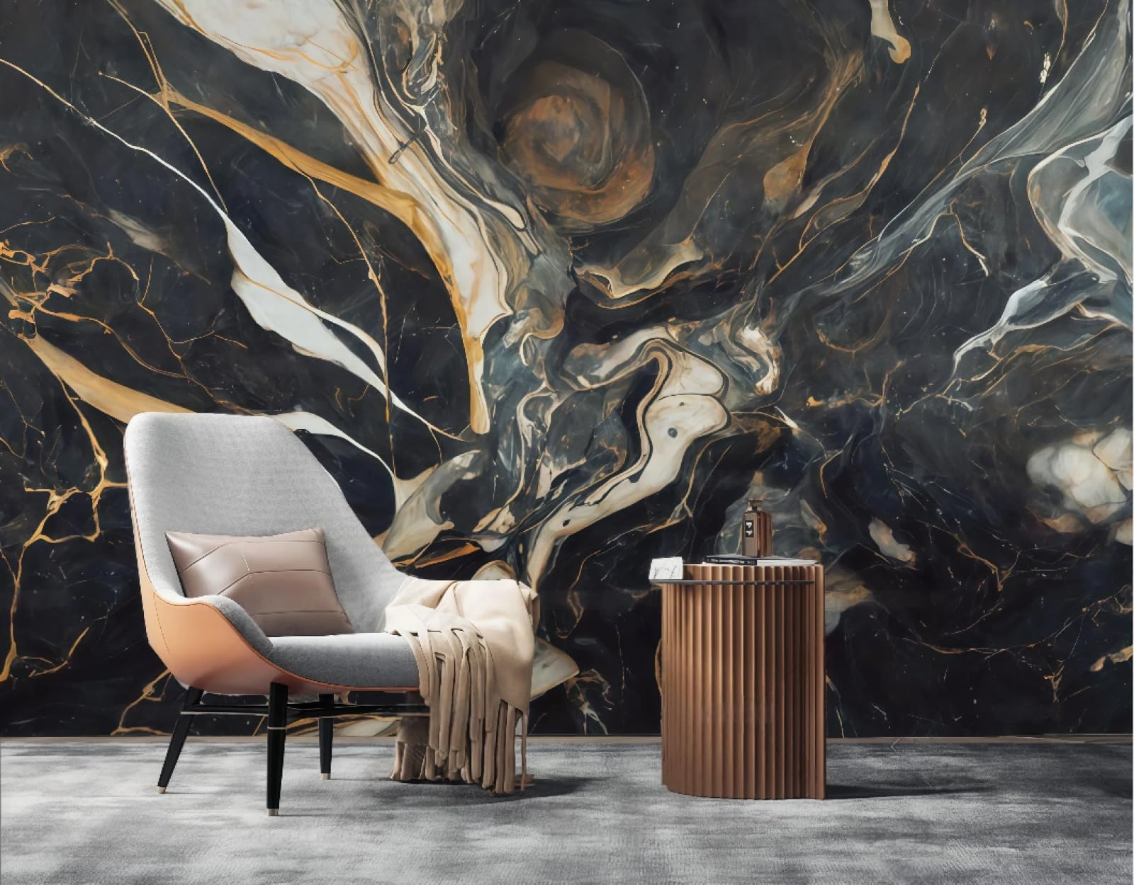 Nowoczesna minimalistyczna tapeta abstrakcyjny brązowy falisty marmur tłoczony czarny kamień łączenie TV sofa tło tapeta salon restauracja kawiarnia ścienna, 3D, 200 x 140 cm