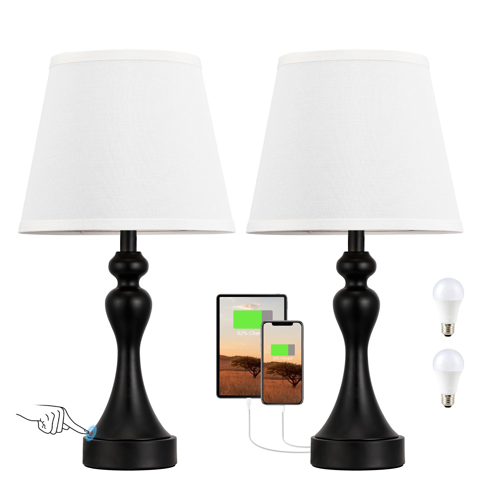 Seealle Touch-Lampen für Nachttisch - Nachttischlampen 2er Set, 3-Wege-Dimmbar, USB C + A für Schlafzimmer & Beistelltische (Weiß & Schwarz)