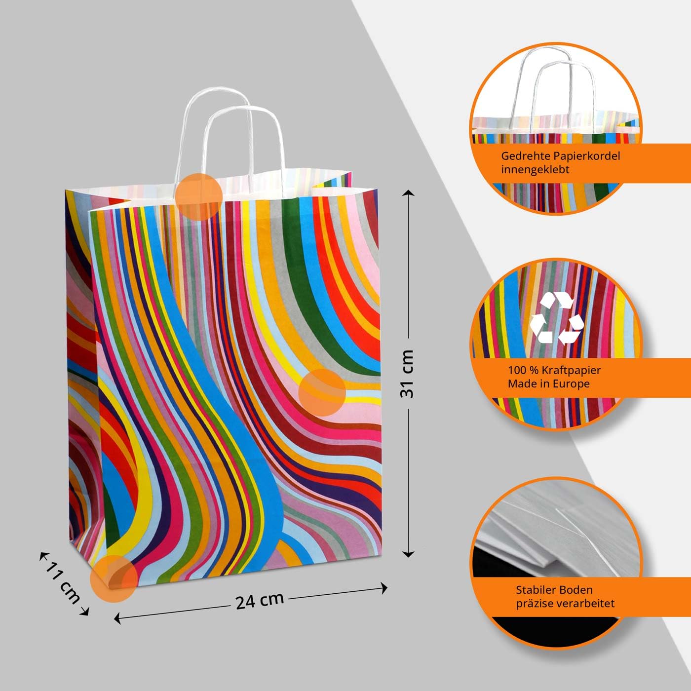 150 x Papiertüten 24+11x31 cm mit Motiv: Seventies | stabile Geschenktaschen für Handel, Mitbringsel, Geburtstag | Papiertaschen aus Kraftpapier| HUTNER