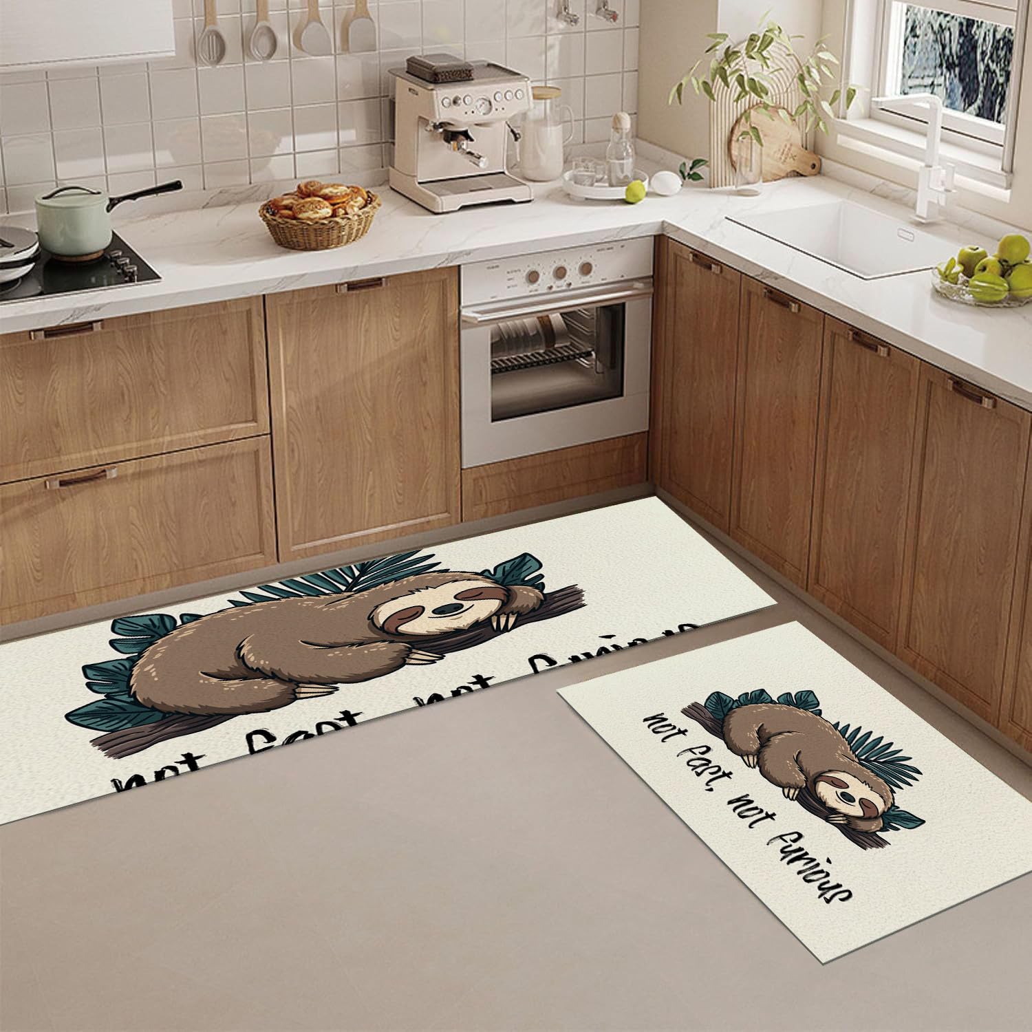 Tapete de cocina antideslizante decorativo: juego beige de perezoso para lavandería y hogar