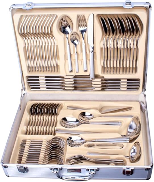 HEAVY 72 PIECE STAINLESS STEEL SILVER DETAIL SUPREME QUALITY CUTLERY CANTEEN SET