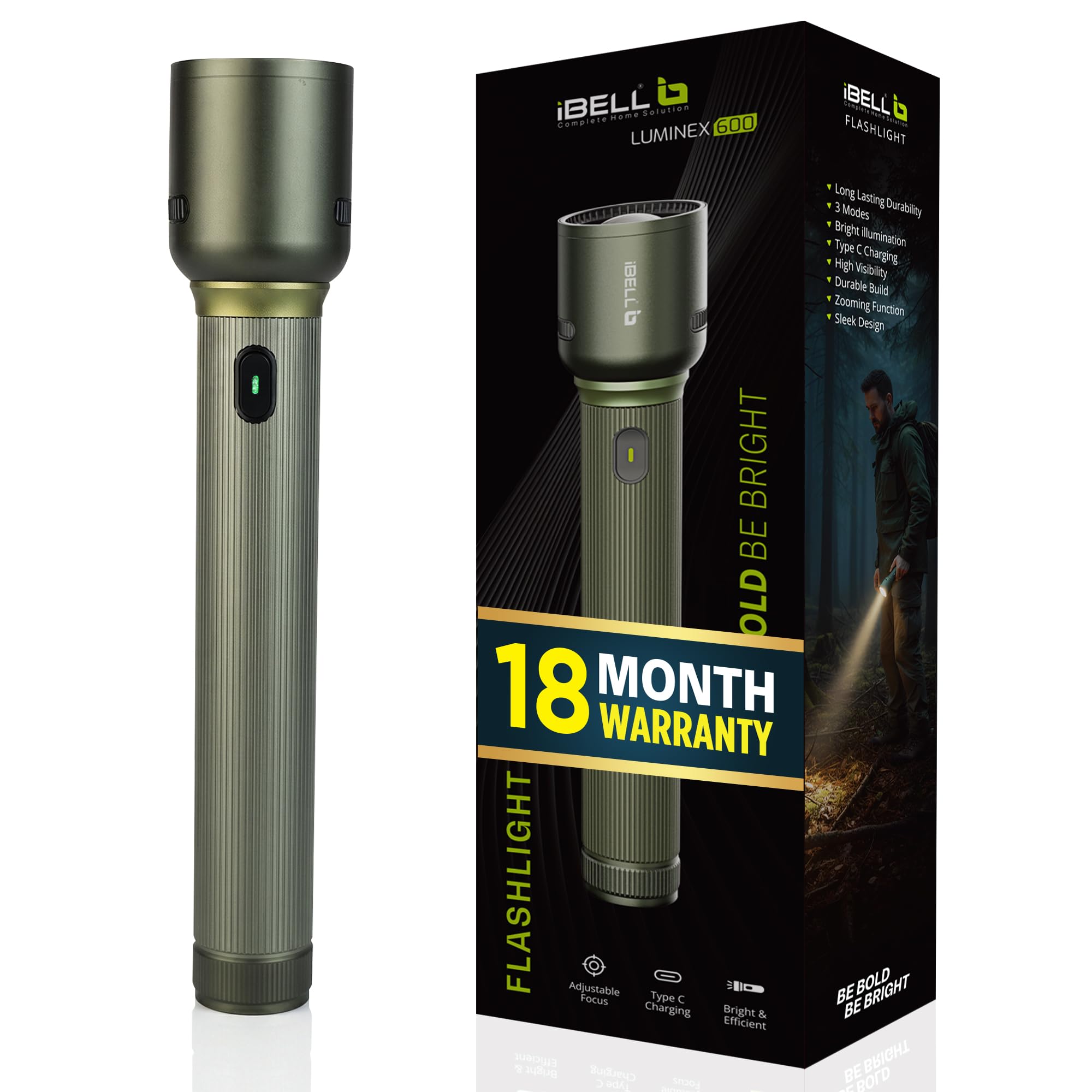 IBELL LUMINEX 600 Rechargeable Torch Light High Power, 6000 mAh Flashlight, 3 Light Modes, Telescopic Zoom, Type C Charging, LED, Super Bright for Home, Outdoor & Emergency Use (Green)-image-40
