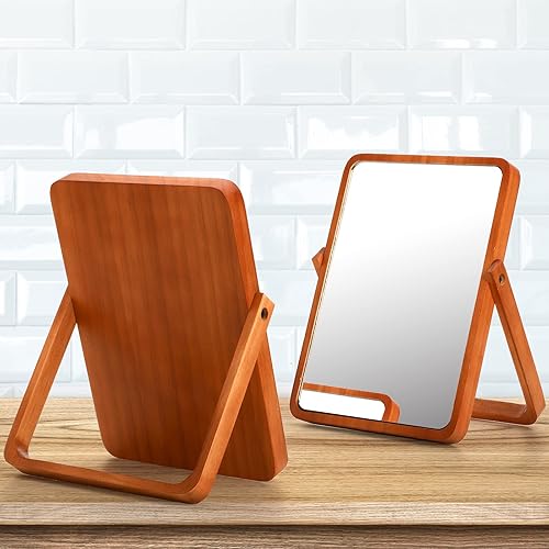 Miniatura 8 de DEAYOU Paquete de 2 espejos con soporte de madera, espejo de maquillaje de rotación, espejo cosmético de pie de 10 pulgadas, espejo de mesa de