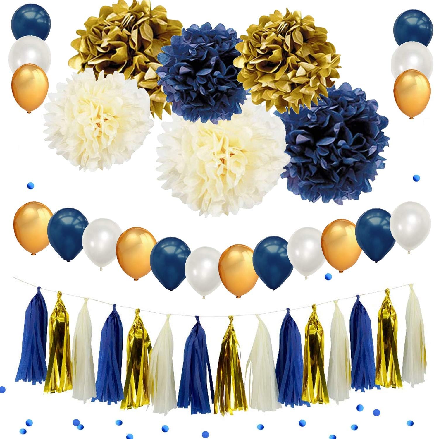 Navy Blue Gold Party Decoration Kit Hanging Pom Poms Paper Garland Party and Balloons Latex Balloon with Blue Confetti for Birthday Wedding Bridal Baby Shower Party Decoration Supply