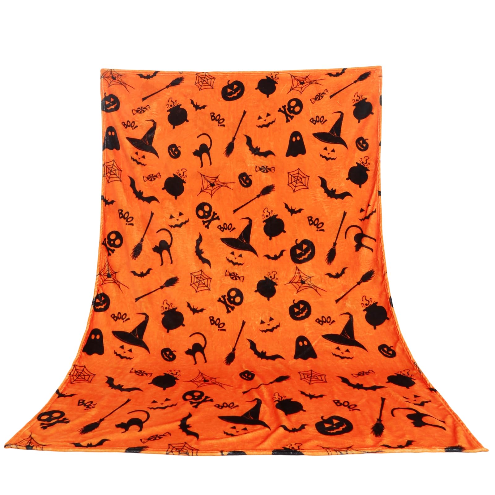 Meriviva Halloween Blankets, 130x180cm Halloween Throw Blanket, Orange Soft Fleece Blanket with Skull Ghost Witch Theme Prints Cute Spooky Blanket for Decorations Gifts