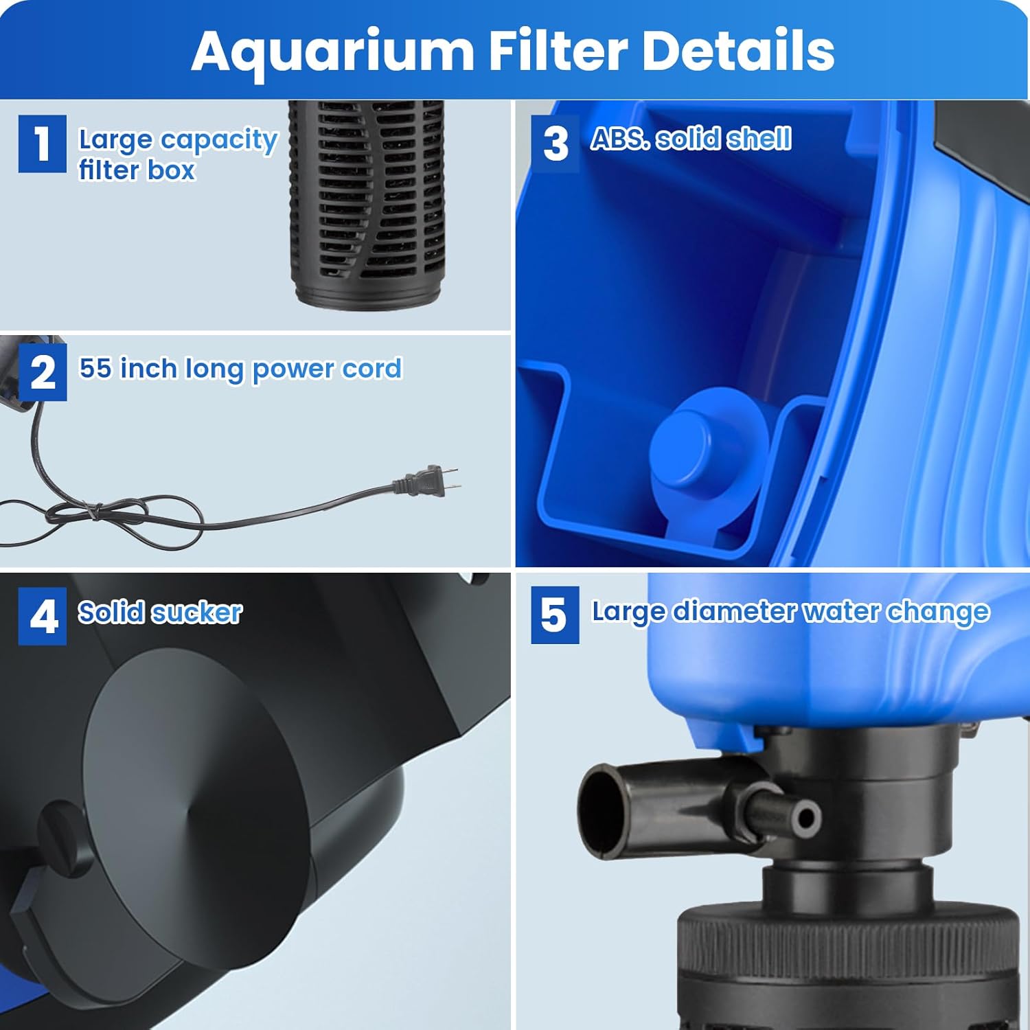 Aquarium Filter 3 Stages, 35W Fish Tank Filter, Submersible Power Filter for 75-200 Gallon Fish Tank, 600 GPH Water Pump Canister Filter for Pond Fish Tank Saltwater Freshwater
