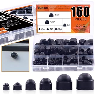 Rustark 160 Pcs Bolt Covers Screw Caps Assortment Kit M4 M5 M6 M8 M10 M12 Plastic Black Fitting Caps Nylon Insert Locknut for Matching Screws or Bolts with Storage Box