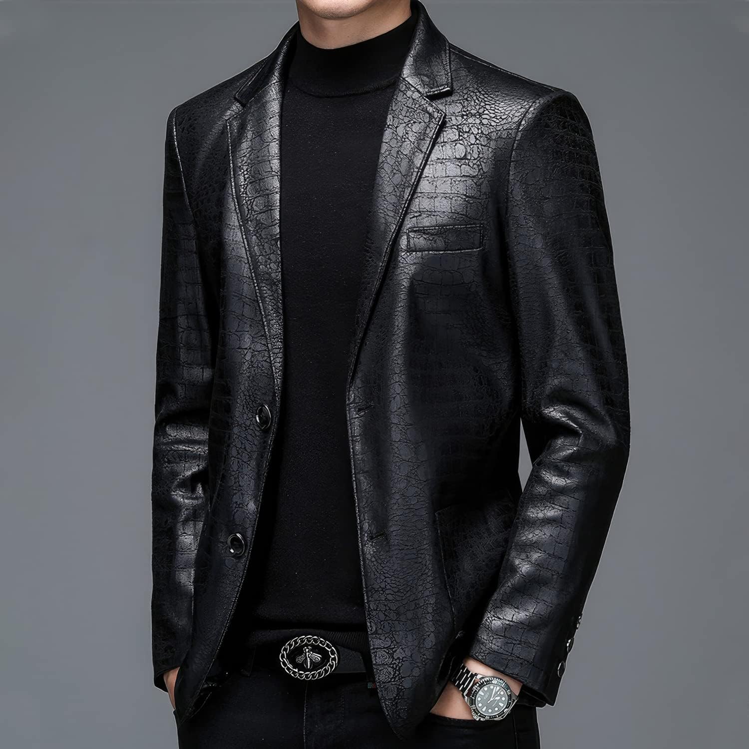 Men’s Crocodile Skin Pattern Genuine Sheepskin Leather Casual Dress Suit Black Blazer Coat