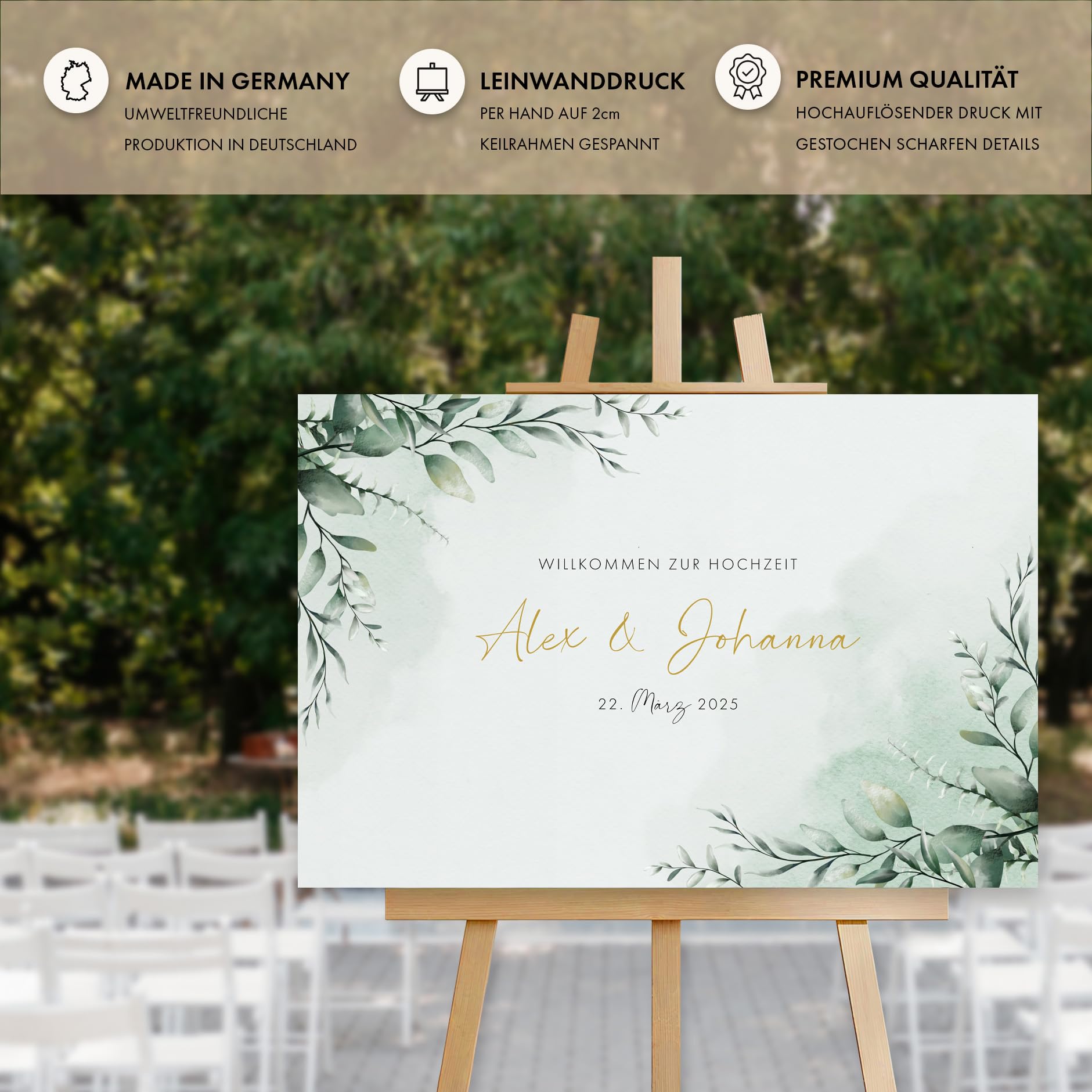 Willkommensschild Hochzeit Eukalyptus Gold mit Datum und Namen, personalisierte Hochzeitsdeko, Aufsteller Willkommen Schild, Grün, Leinwand, 60x40