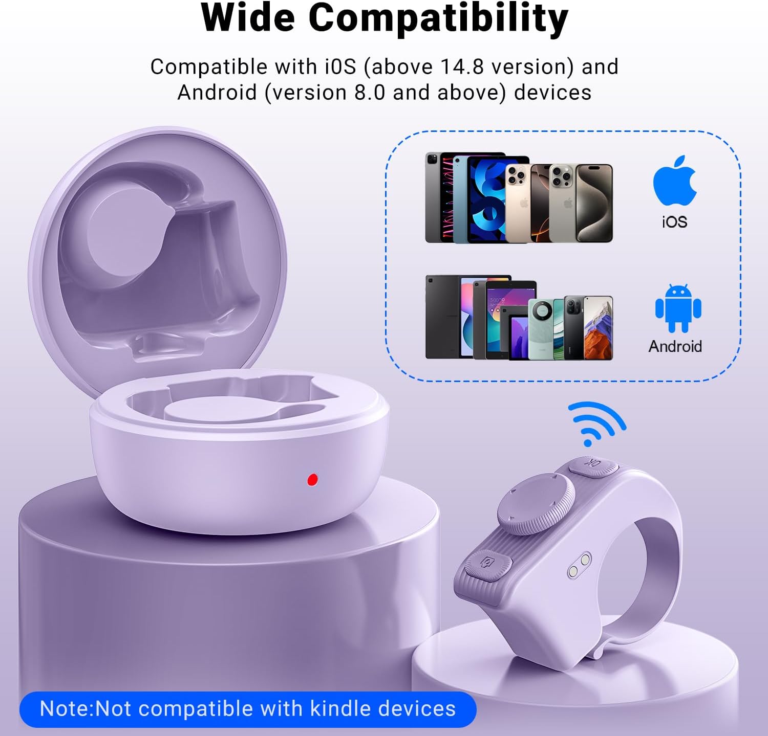 Image showing various iOS and Android devices, indicating compatibility with the MILOUZ Scrolling Ring. A note at the bottom states 'Not compatible with kindle devices'.