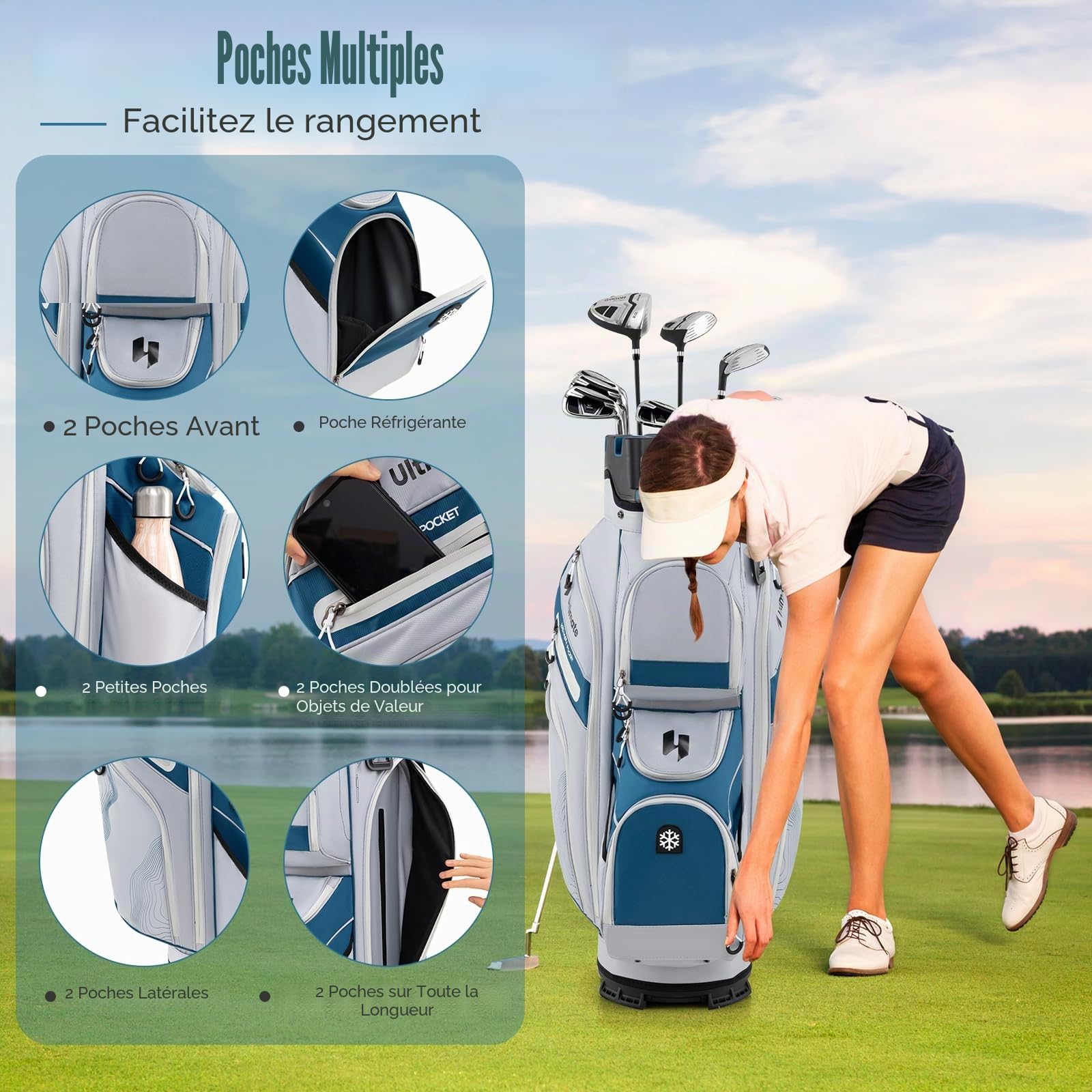 LIFEZEAL Sac de Golf avec 14 séparateurs, Sac de Golf avec 11 Poches, Ceinture de Rangement Portable avec Sangle rembourrée, réfrigérateur, poignées, Support de Parapluie