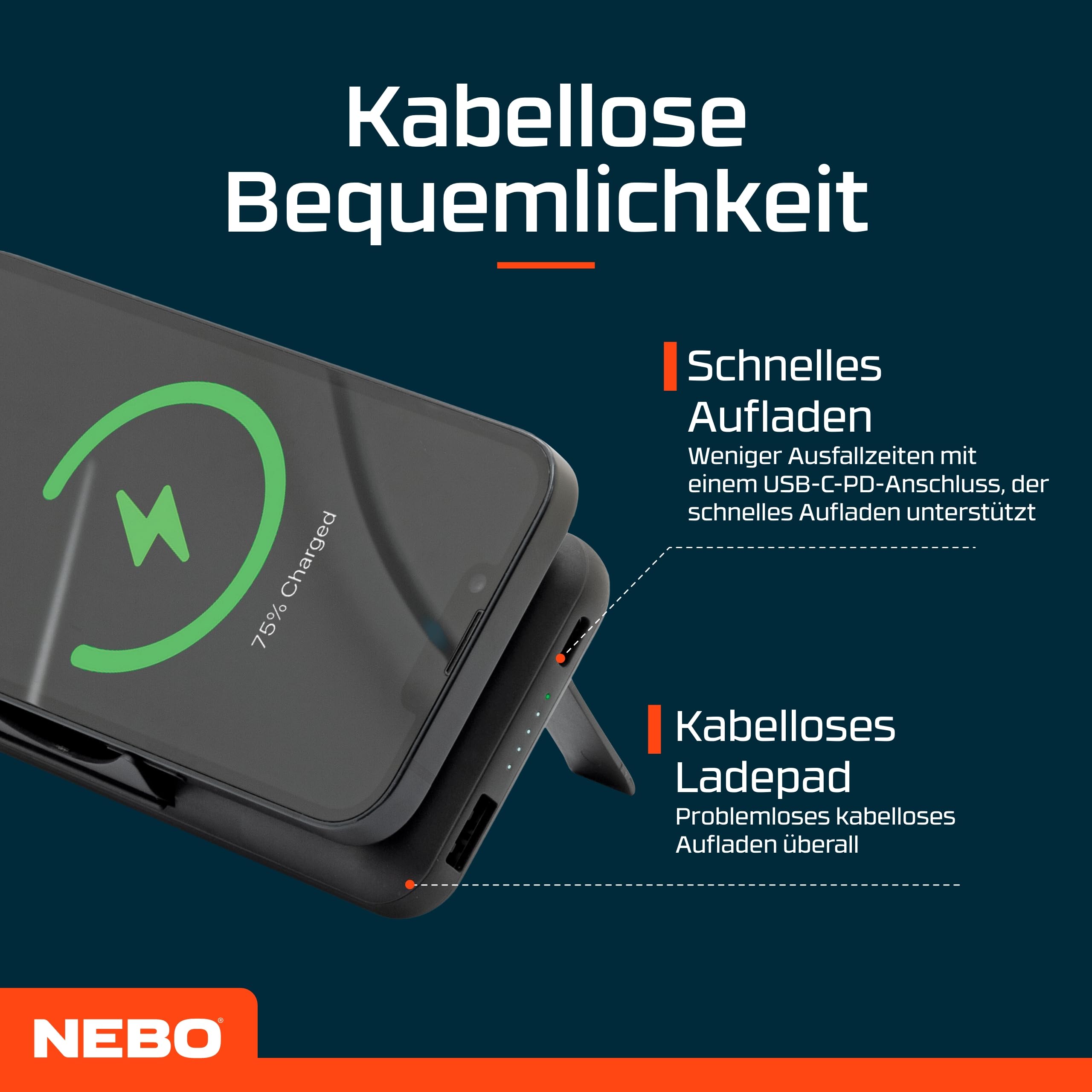 NEBO Powerbank 10k - Batteria esterna portatile a ricarica rapida, caricatore per telefono USB-C (capacità di 10.000 mAh, con filo