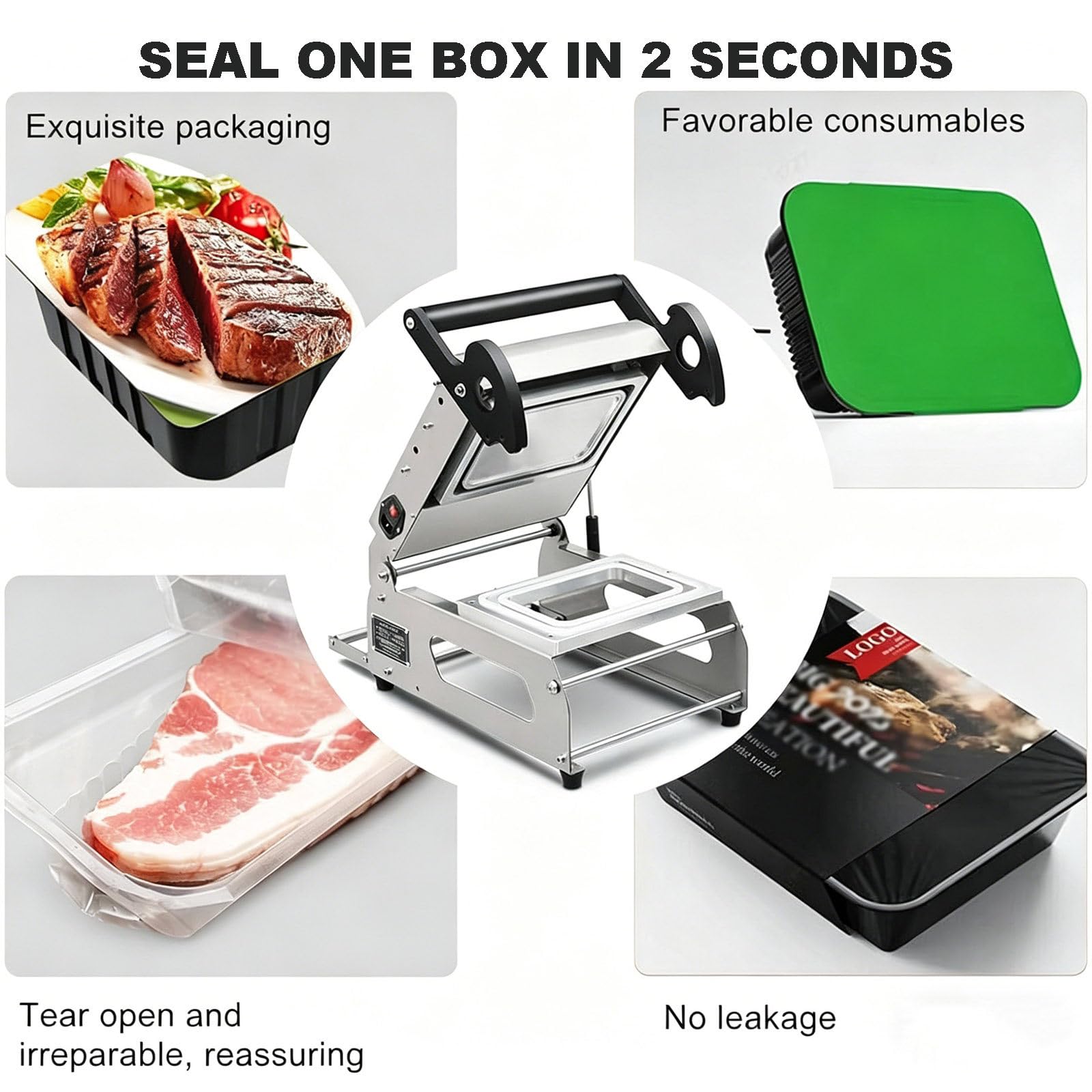 Selladora Térmica Comercial de Bandejas de Acero Inoxidable para Verduras, Máquina Semiautomática para Envasar Comida para Llevar (para Carnes Cocinadas), Selladora Manual de Bandejas