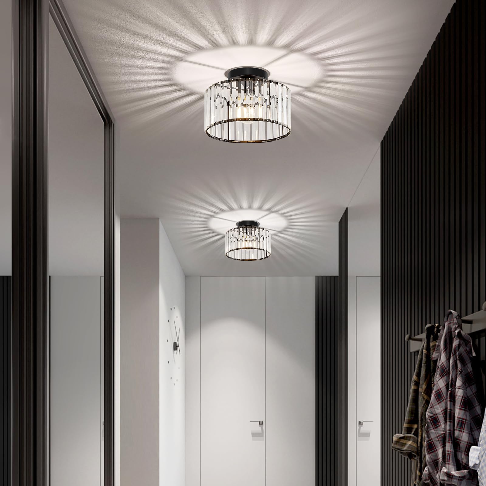 Qamra Kristall Deckenleucht - Lámpara de techo, color negro, cristal, 27 cm, moderno y redondo, para pasillo, entrada, salón, dormitorio, cocina（Bombillas no incluidas）