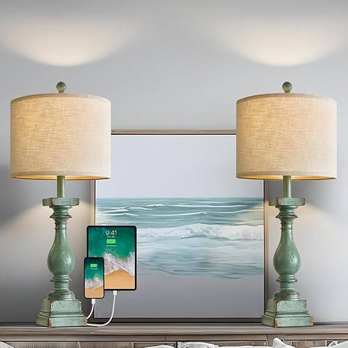 Miniatura 4 de BOBOMOMO Juego de 2 lámparas de mesa de granja de 27 pulgadas con USB A+C para dormitorio, sala de estar, vintage, rústica, tradicional, mesita de